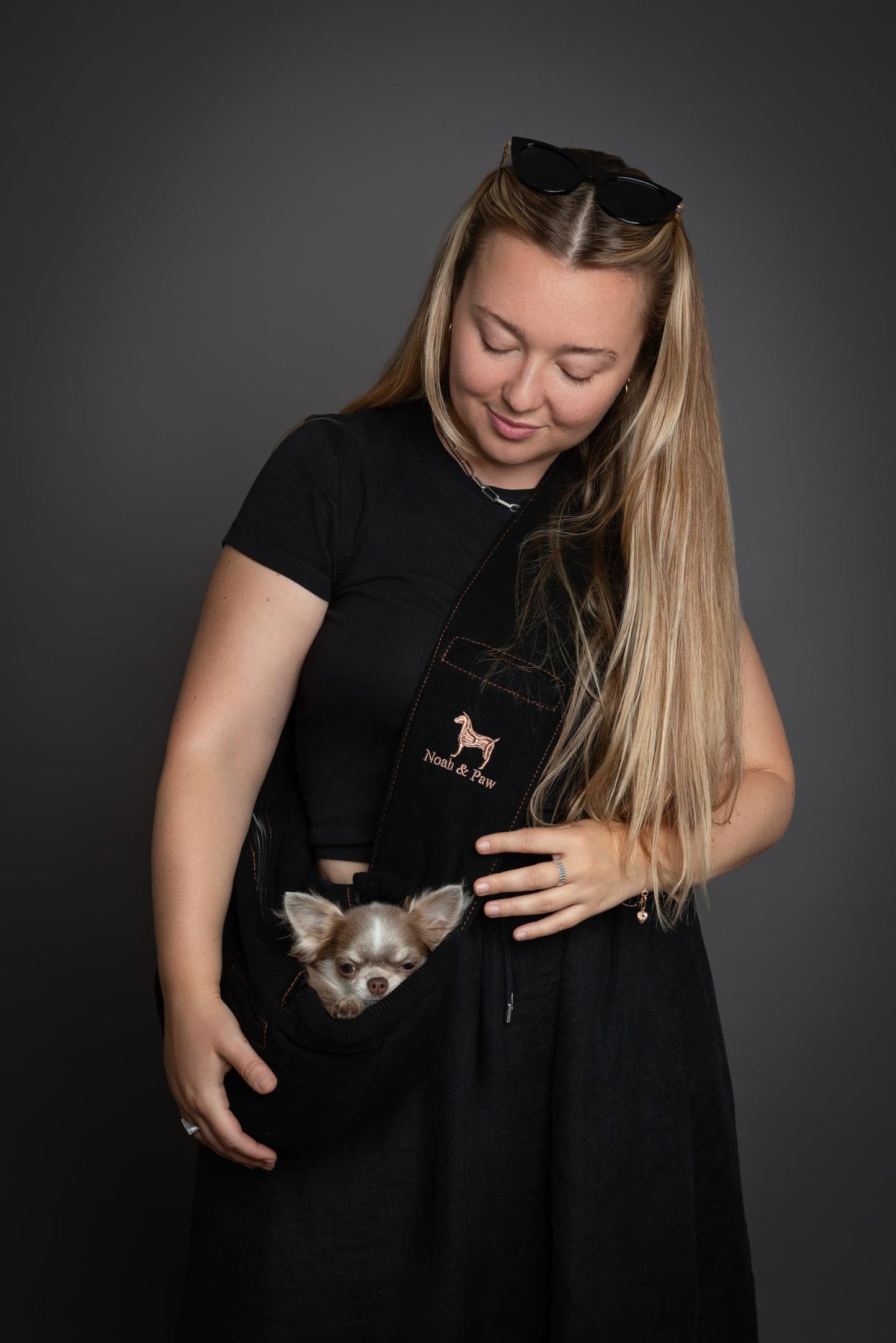 Noah & Paw Dog Sling Carrier for Small Dogs 5-18lb, Dog Sling for Small Dogs and Cats, Dog Carrier with Adjustable Padded Strap, Denim Lined with Fur, 3X Safety Features, Machine Washable