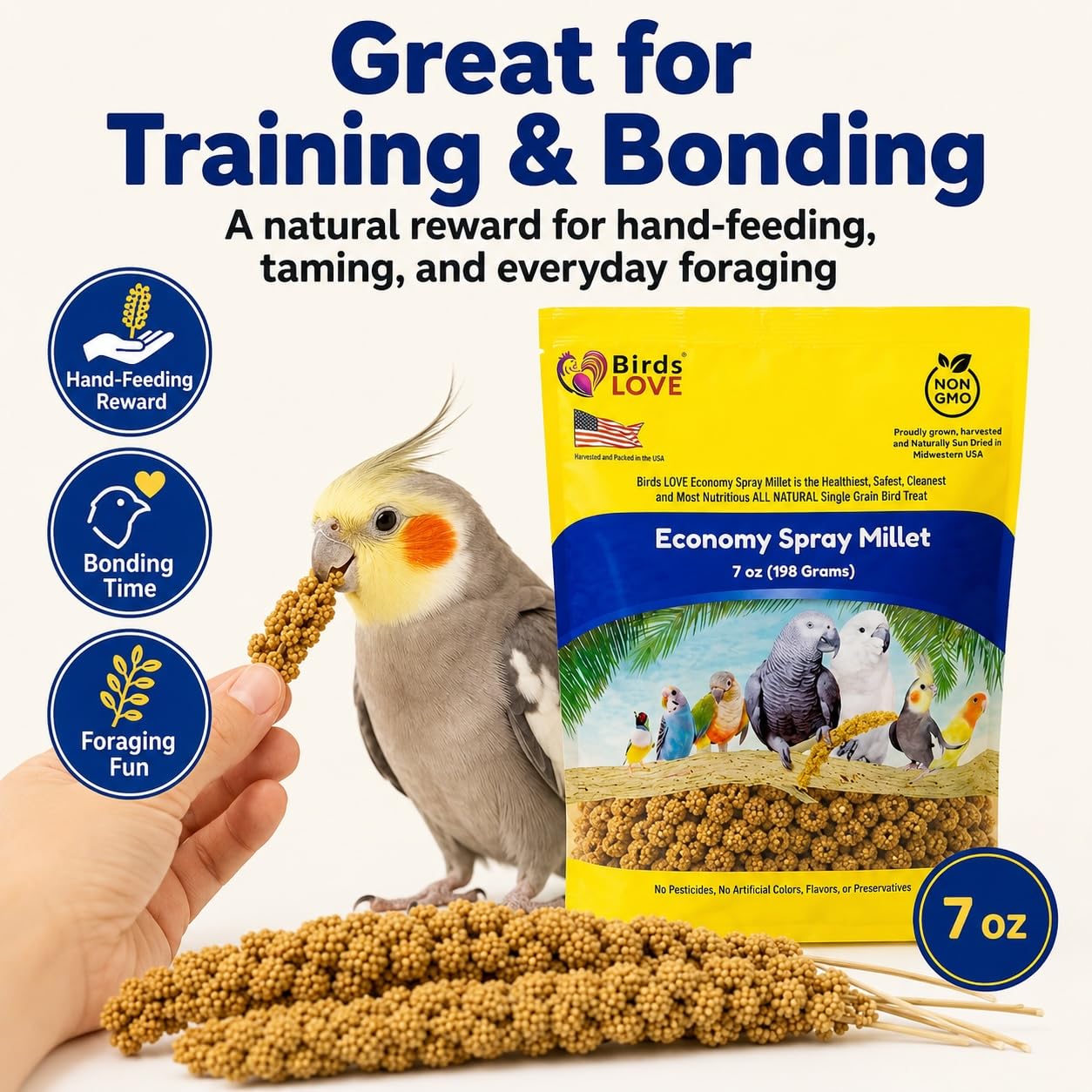 Birds LOVE® Millet Tips & Tails for Birds – Premium Spray Millet Treat, Grown in the USA – Natural & Healthy Bird Food for Parakeets, Cockatiels, Budgies, Lovebirds, Finches, Canaries & Parrots – 1 lb
