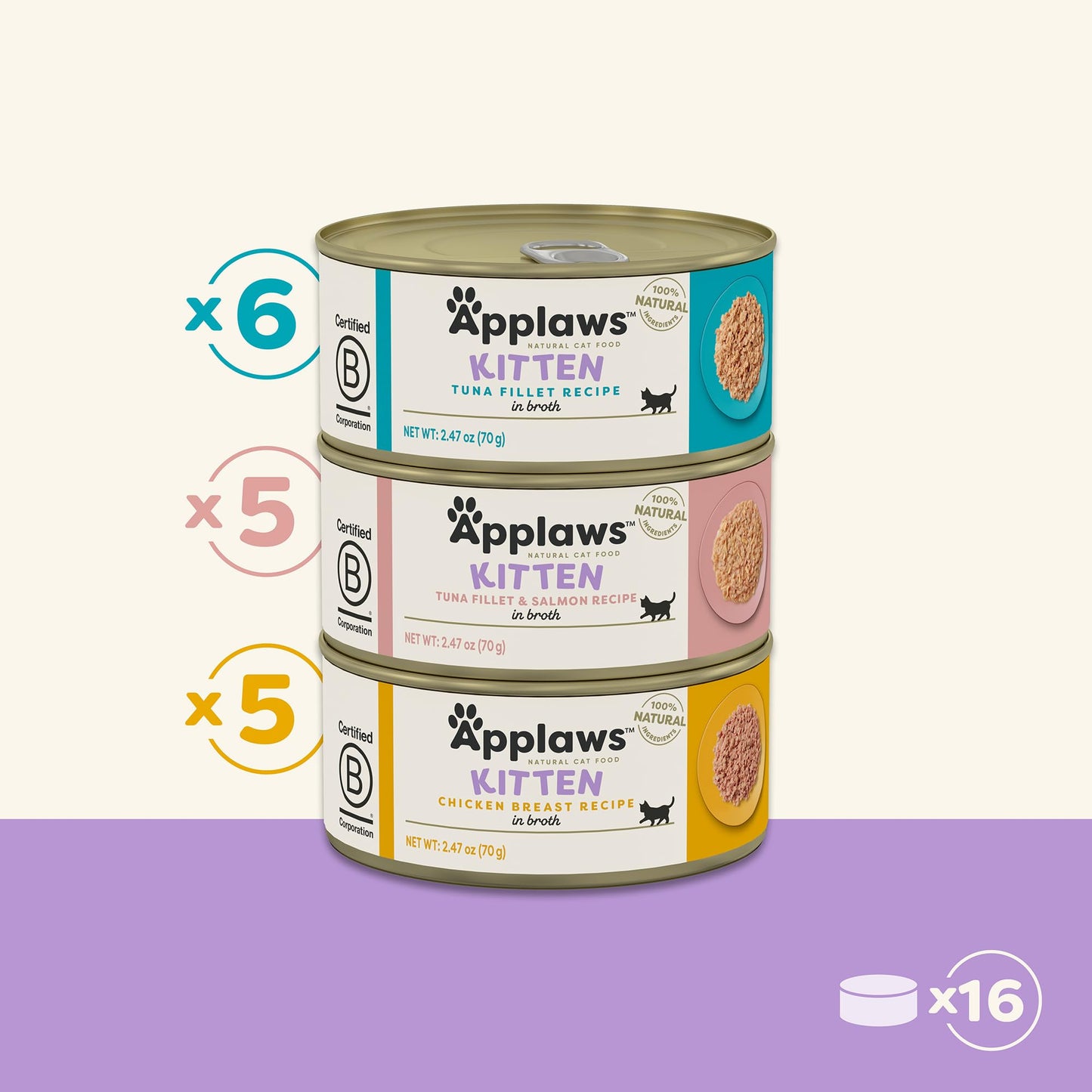 Applaws Natural Wet Kitten Food, Limited and Natural Ingredients, High Protein with No Artificial Additives, Kitten Variety Selection in Broth (6 x 2.47oz Cans)