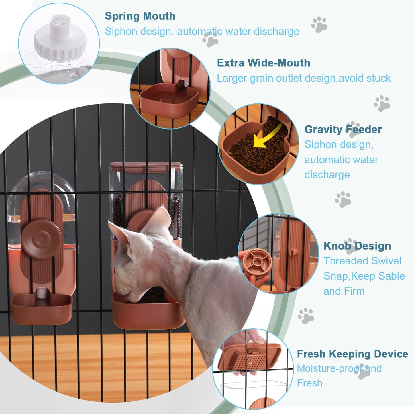 Lemtrflo Hanging Automatic Food and Water Dispenser, Gravity Rabbit Feeder Set, Cage Cat and Bunny Food Bowl (Cage Grid Spacing Over 1.2'')