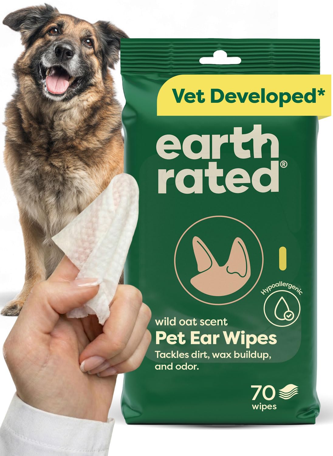 Earth Rated Pet Wipes for Dogs and Cats, Hypoallergenic, 3-in-1 Cleaning, Deodorizing and Hydrating, for Grooming Paws, Body and Butt, Unscented, 100 Count