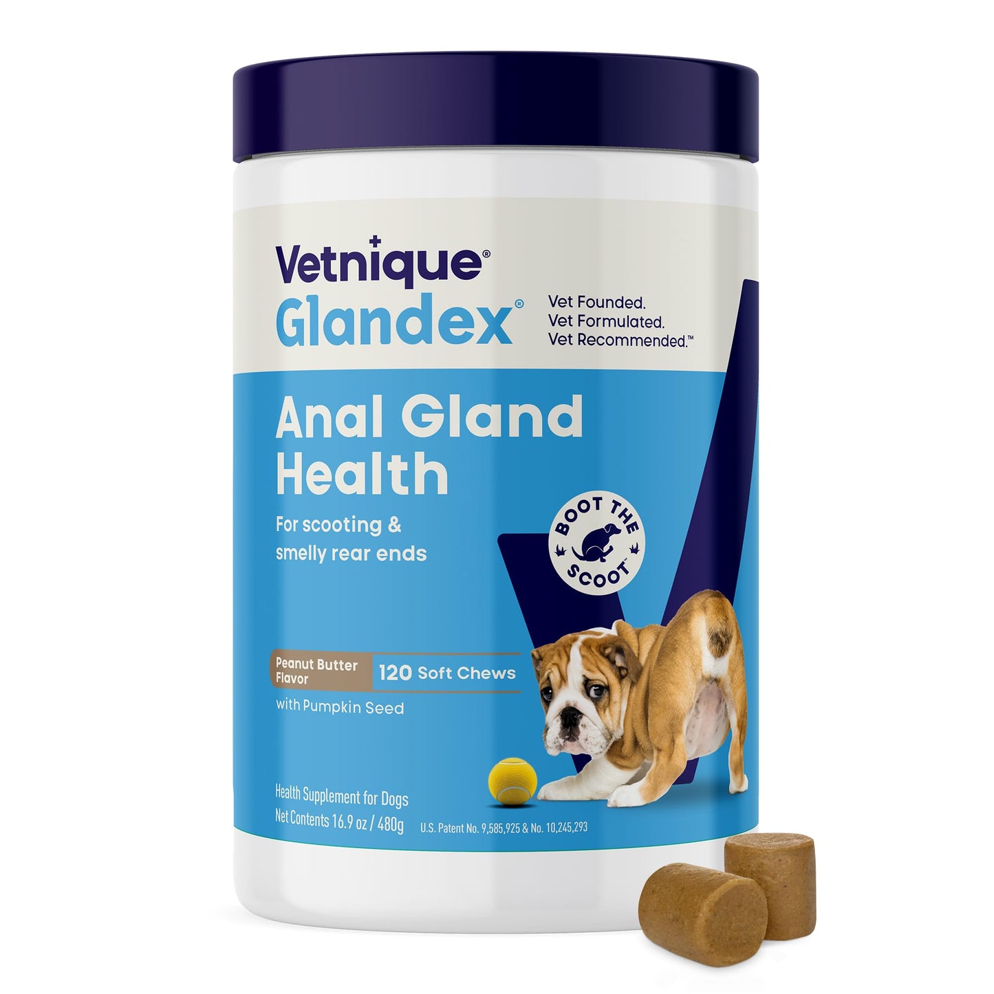 Vetnique Glandex Anal Gland Soft Chew Treats with Pumpkin for Dogs Digestive Enzymes, Probiotics Fiber Supplement for Dogs Boot the Scoot (30ct, Peanut Butter Chews)