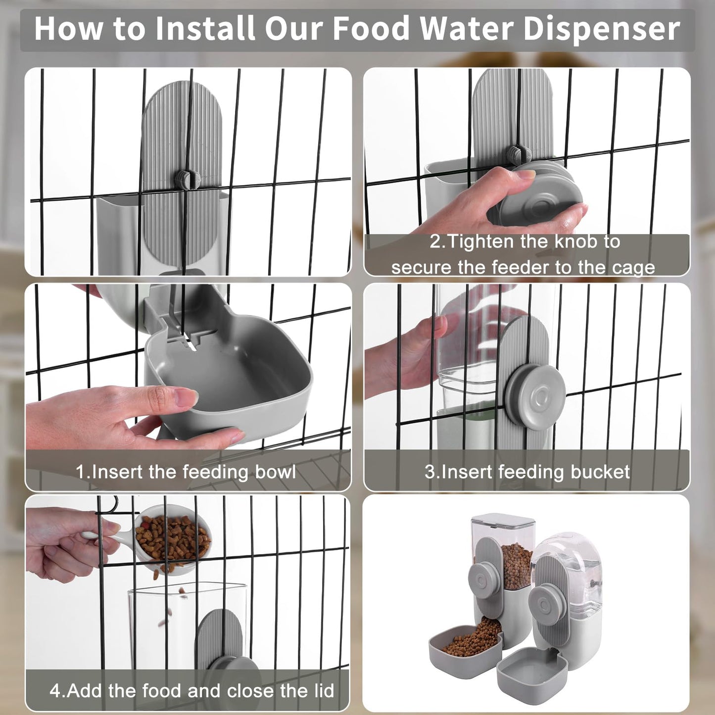 Lemtrflo Hanging Automatic Food and Water Dispenser, Gravity Rabbit Feeder Set, Cage Cat and Bunny Food Bowl (Cage Grid Spacing Over 1.2'')