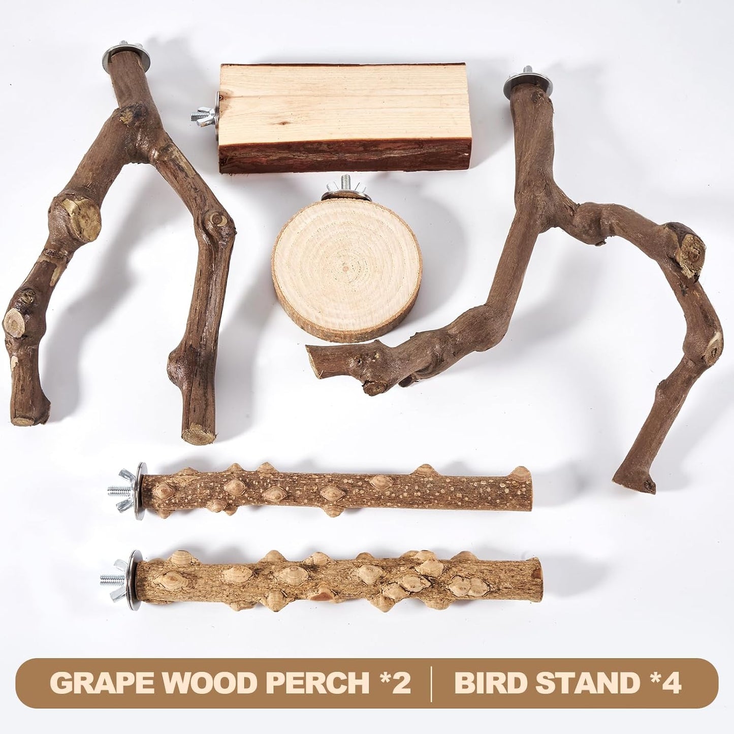 LIMIO 6-Piece Bird Perch Set - Natural Wood Grape Sticks, Paw Grinding Forks, Bird Stand & Toys for Parakeets, Cockatiels, Conure, Budgies