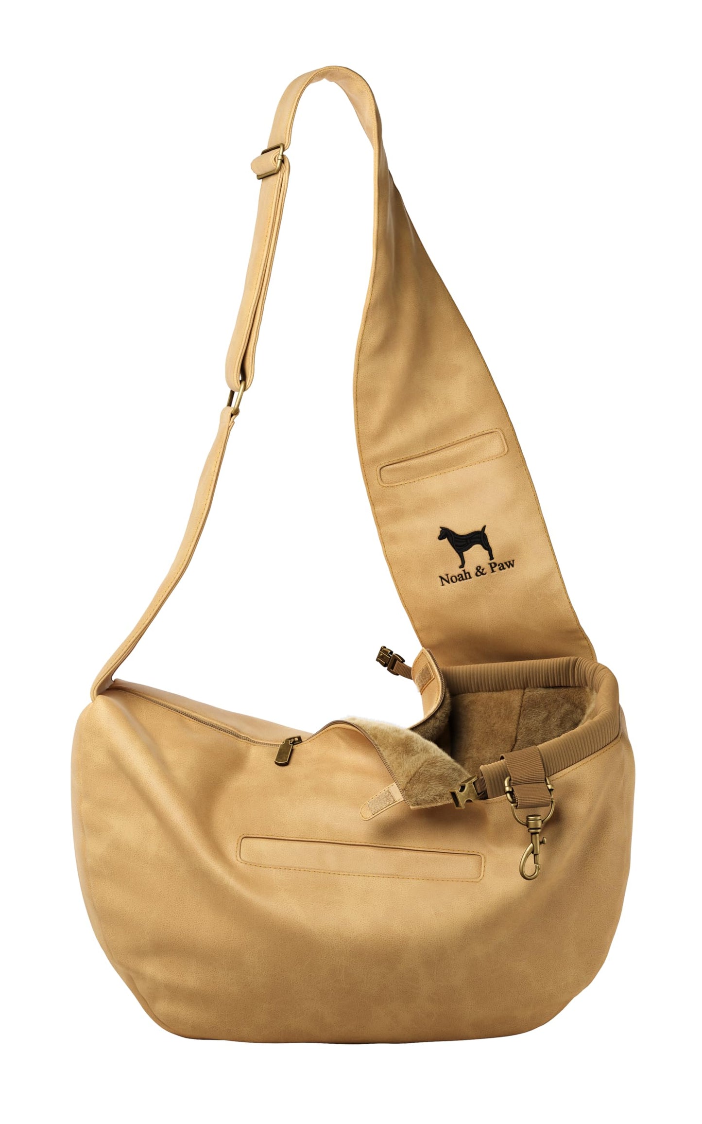 Noah & Paw Dog Sling Carrier for Small Dogs 5-18lb, Dog Sling for Small Dogs and Cats, Dog Carrier with Adjustable Padded Strap, Vegan Leather Lined with Fur, 3X Safety Features, Machine Washable