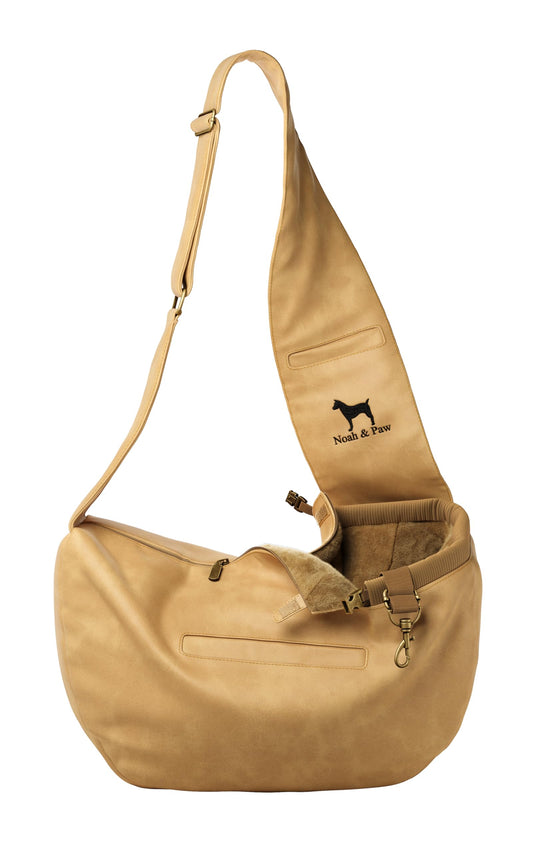 Noah & Paw Dog Sling Carrier for Small Dogs 5-18lb, Dog Sling for Small Dogs and Cats, Dog Carrier with Adjustable Padded Strap, Vegan Leather Lined with Fur, 3X Safety Features, Machine Washable