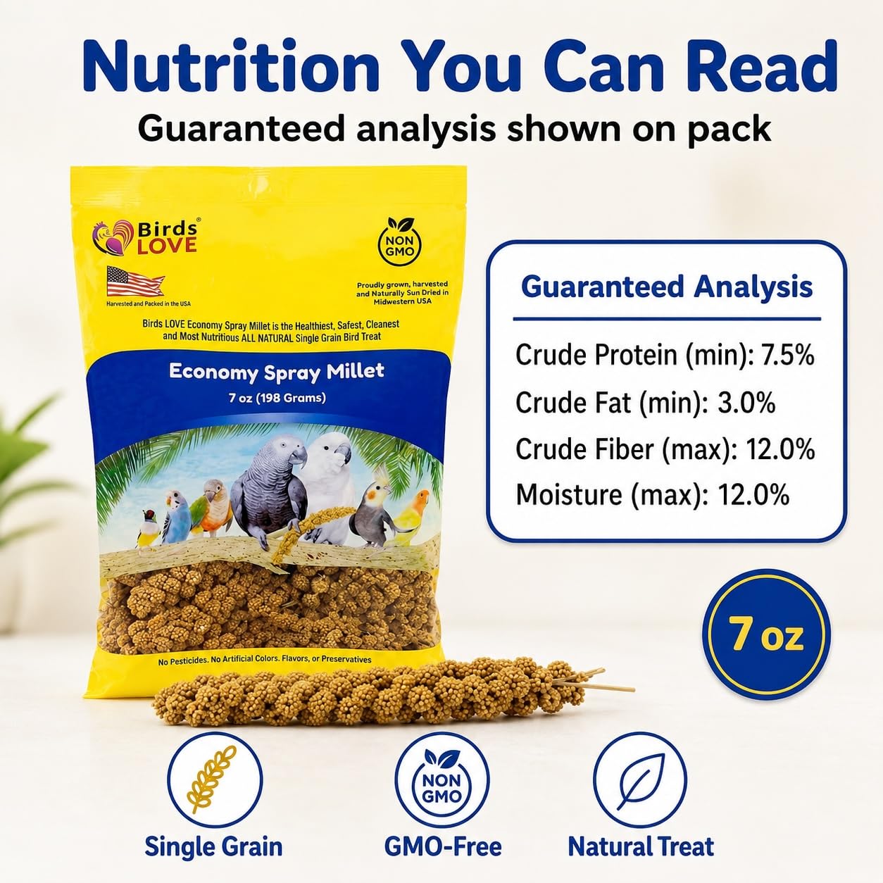 Birds LOVE® Millet Tips & Tails for Birds – Premium Spray Millet Treat, Grown in the USA – Natural & Healthy Bird Food for Parakeets, Cockatiels, Budgies, Lovebirds, Finches, Canaries & Parrots – 1 lb