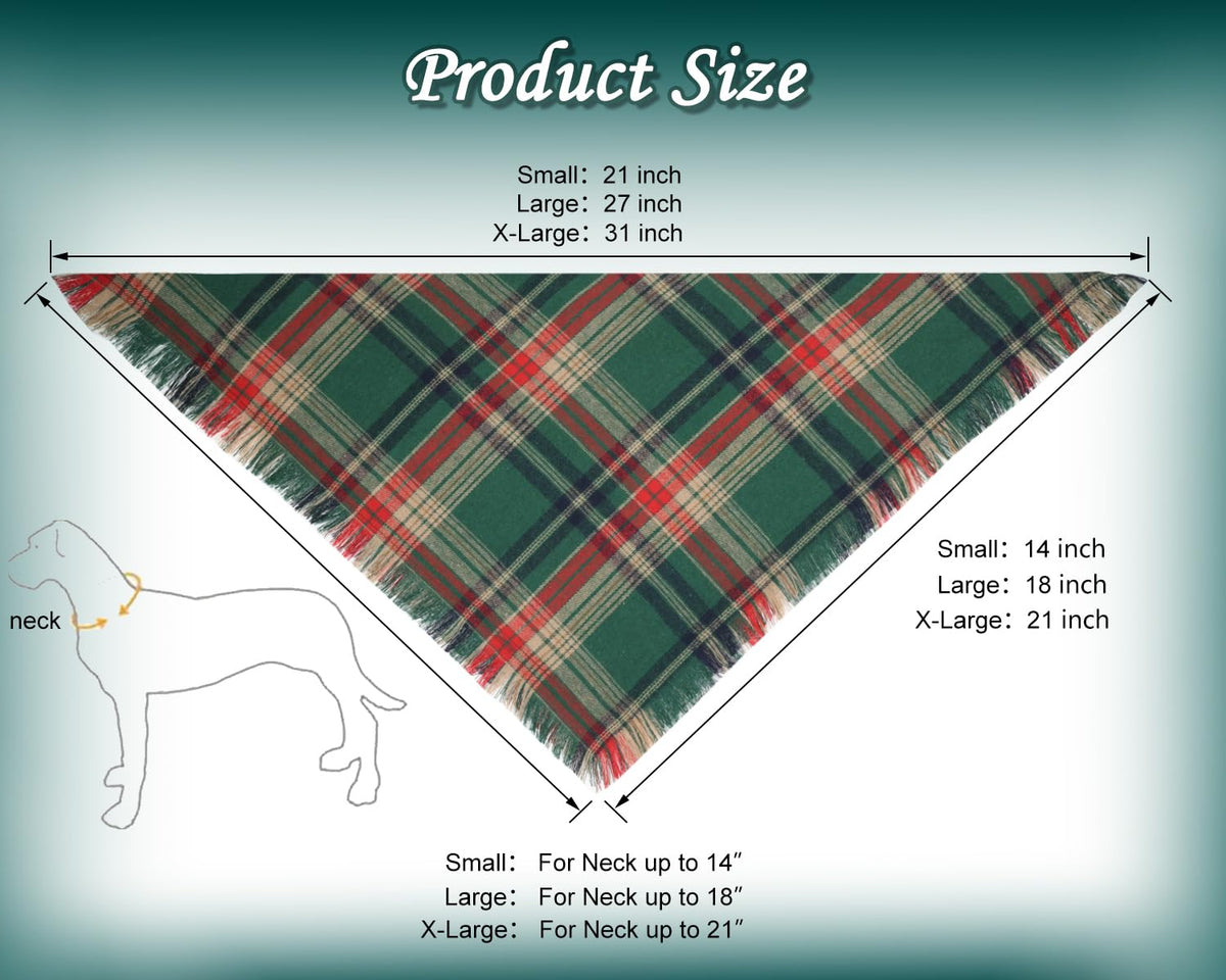 Christmas Dog Bandanas 2PCS-Large,Red-Green Plaid Scarf w/Tassels for Dogs