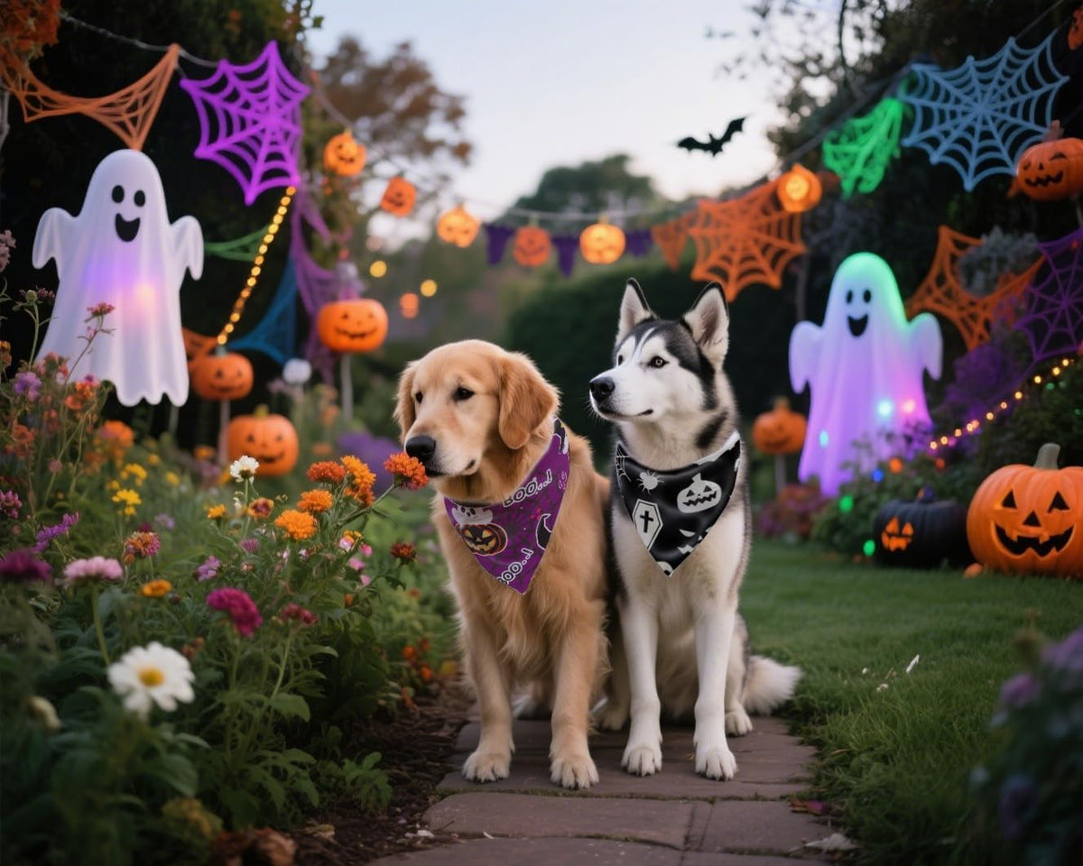 Halloween Dog Bandanas,Pumpkin and Cute Ghost Pet Scarf,Seasonal Outfit for Boy and Girl Dogs,Reversible Holiday Dog Costume for Medium to Large Dogs(2PCS,Purple,Black&White)
