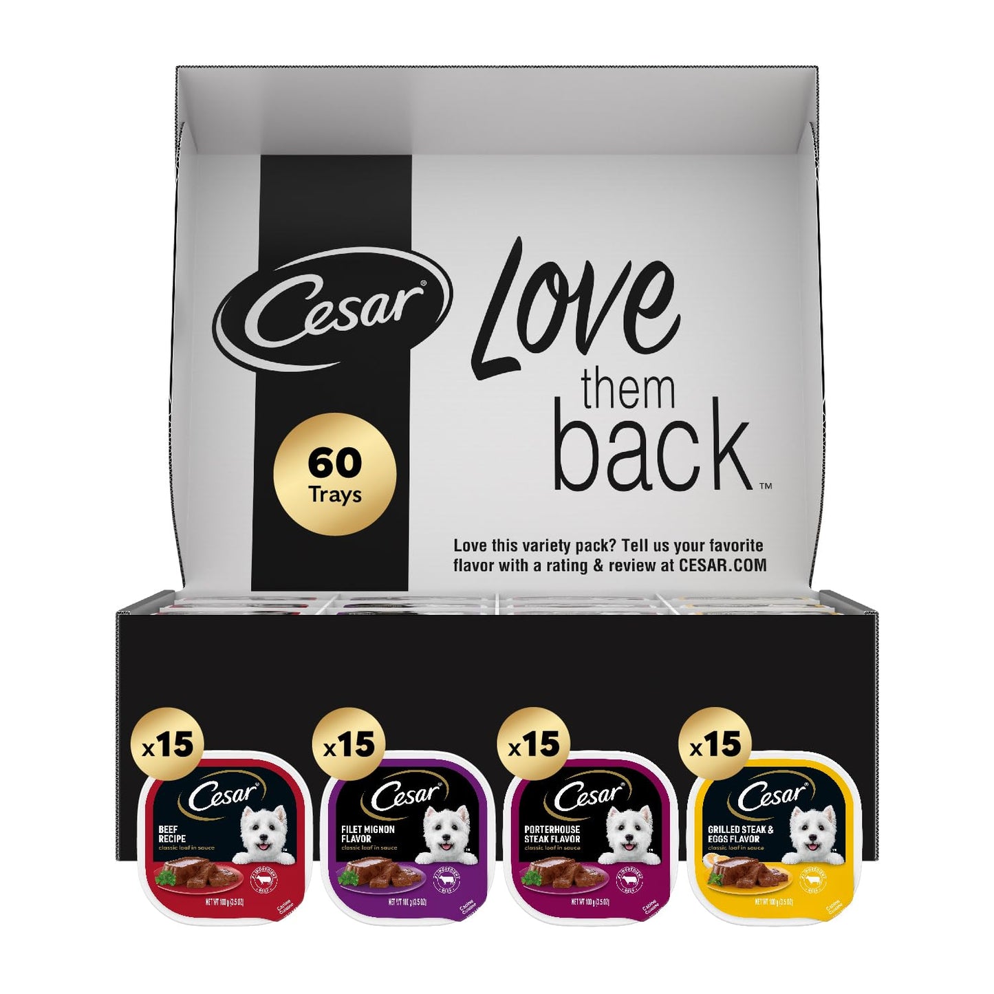 Cesar Classic Loaf in Sauce Wet Dog Food, Beef Recipe, Filet Mignon Flavor, Grilled Chicken Flavor, and Porterhouse Steak Flavor, 3.5 oz. Easy Peel Trays, Variety Pack (24 Count, Pack of 1)