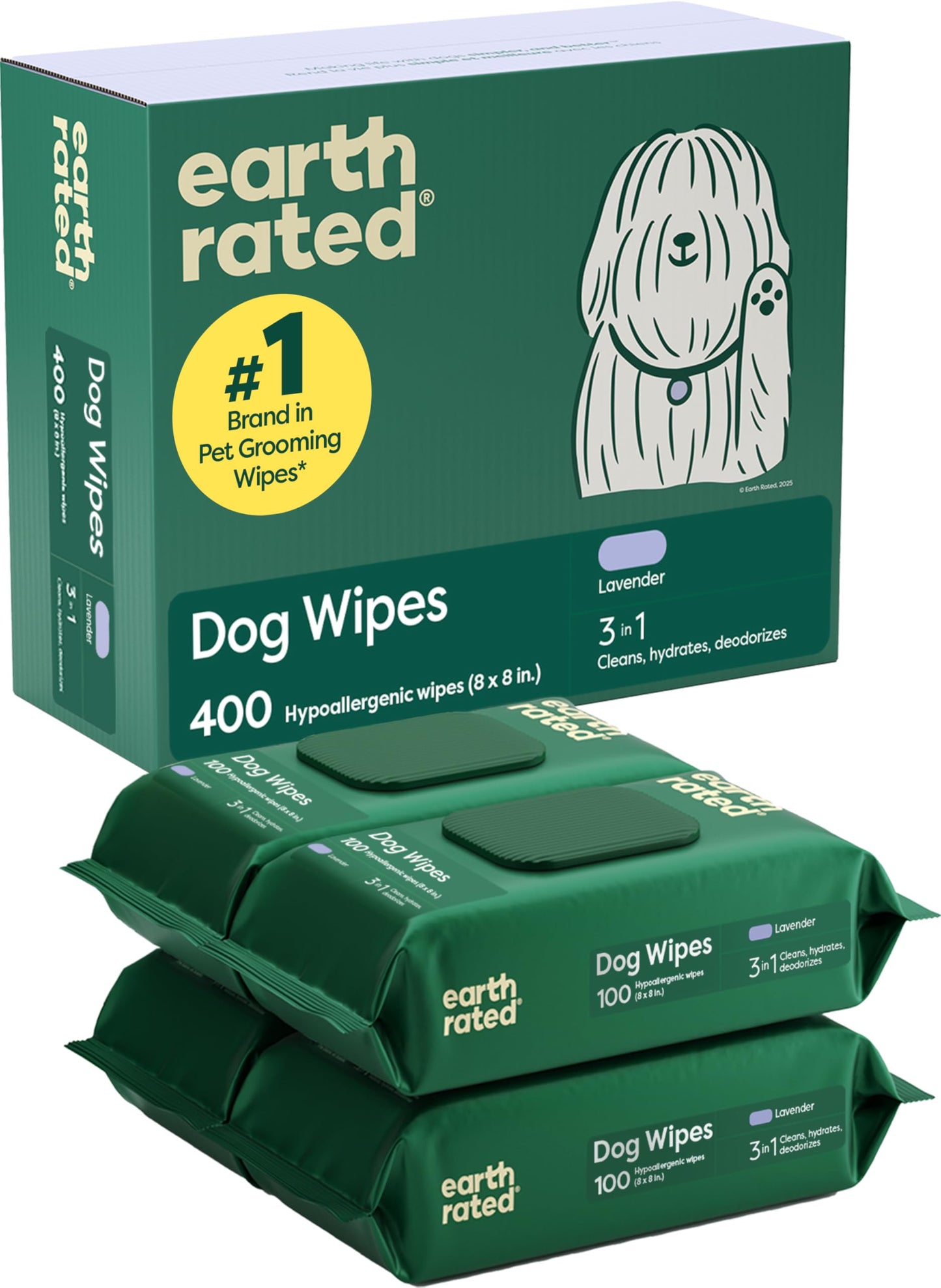 Earth Rated Pet Wipes for Dogs and Cats, Hypoallergenic, 3-in-1 Cleaning, Deodorizing and Hydrating, for Grooming Paws, Body and Butt, Unscented, 100 Count