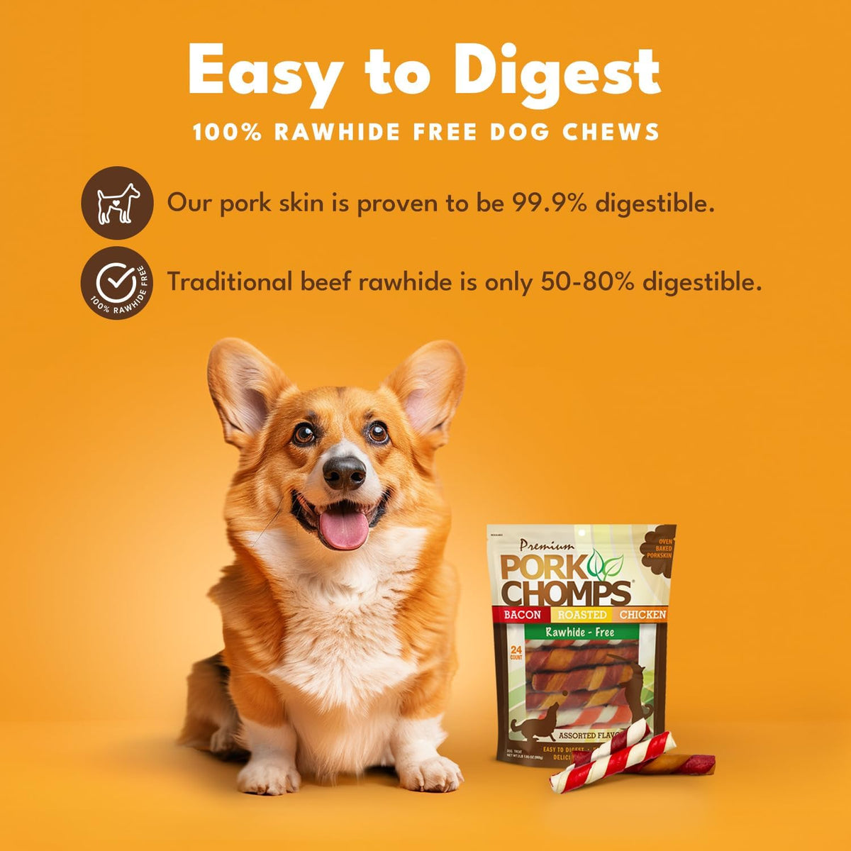 Pork Chomps Roasted Pork Skin Dog Chews, Long Lasting 6in Twists, 4 Count