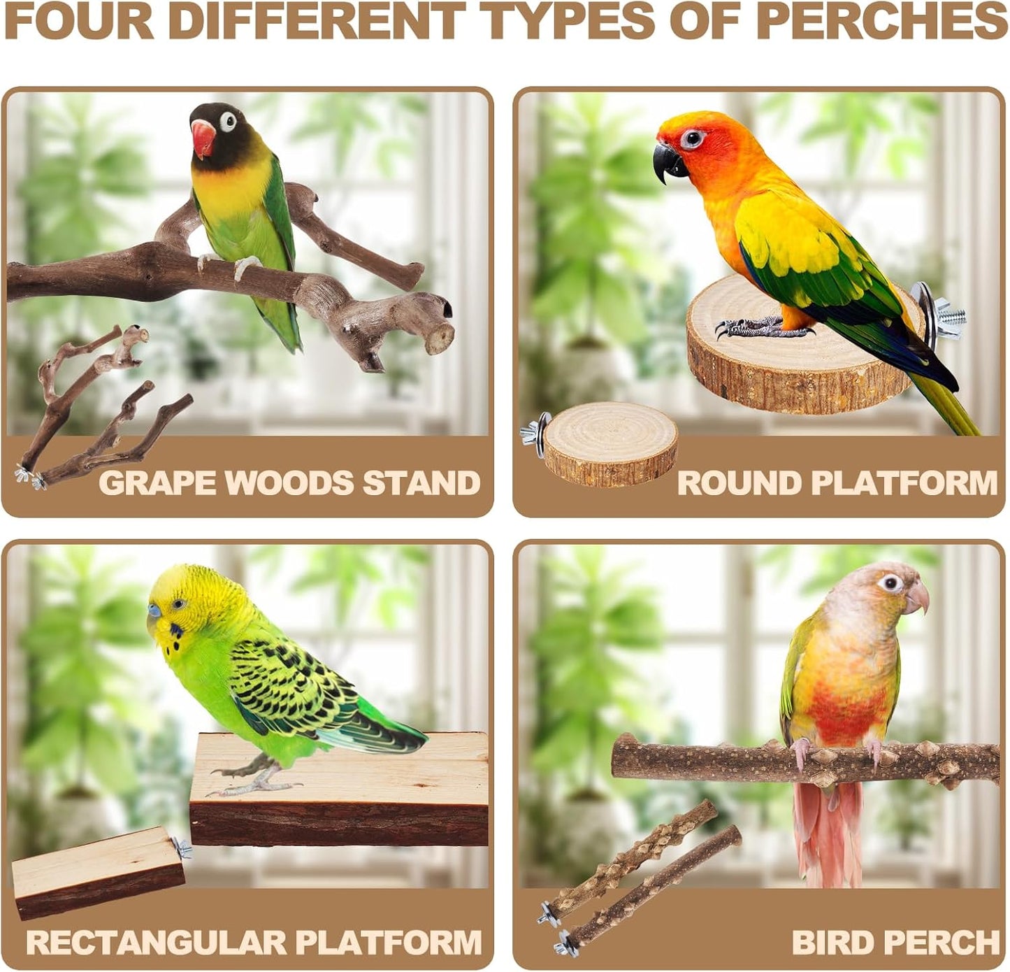 LIMIO 6-Piece Bird Perch Set - Natural Wood Grape Sticks, Paw Grinding Forks, Bird Stand & Toys for Parakeets, Cockatiels, Conure, Budgies