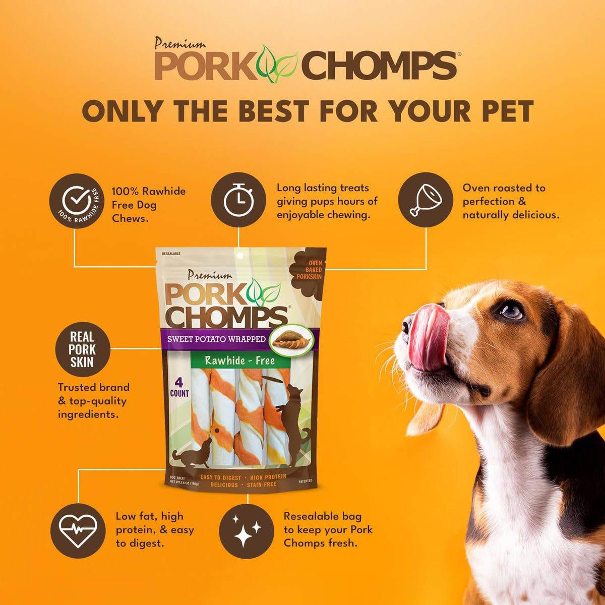 Pork Chomps Roasted Pork Skin Dog Chews, Long Lasting 6in Twists, 4 Count