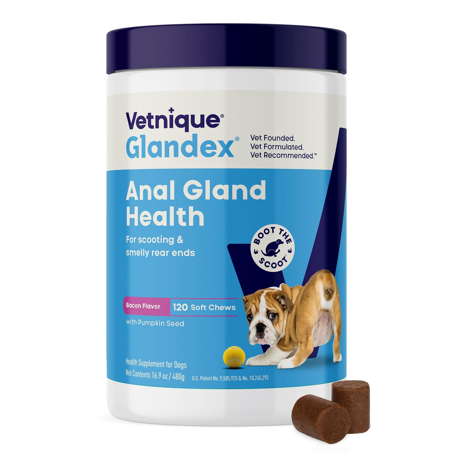 Vetnique Glandex Anal Gland Soft Chew Treats with Pumpkin for Dogs Digestive Enzymes, Probiotics Fiber Supplement for Dogs Boot the Scoot (30ct, Peanut Butter Chews)