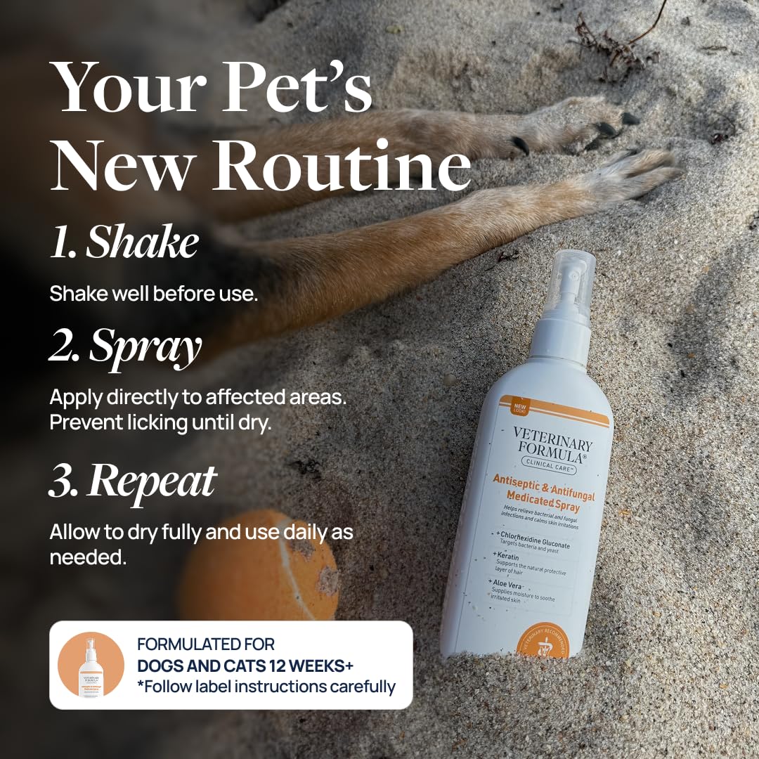 Veterinary Formula Clinical Care Antiseptic & Antifungal Medicated Shampoo and Spray for Dogs and Cats - Helps Alleviate Scaly, Greasy, or Red Skin - Paraben, Dye, and Soap Free, 2 Pack Bundle