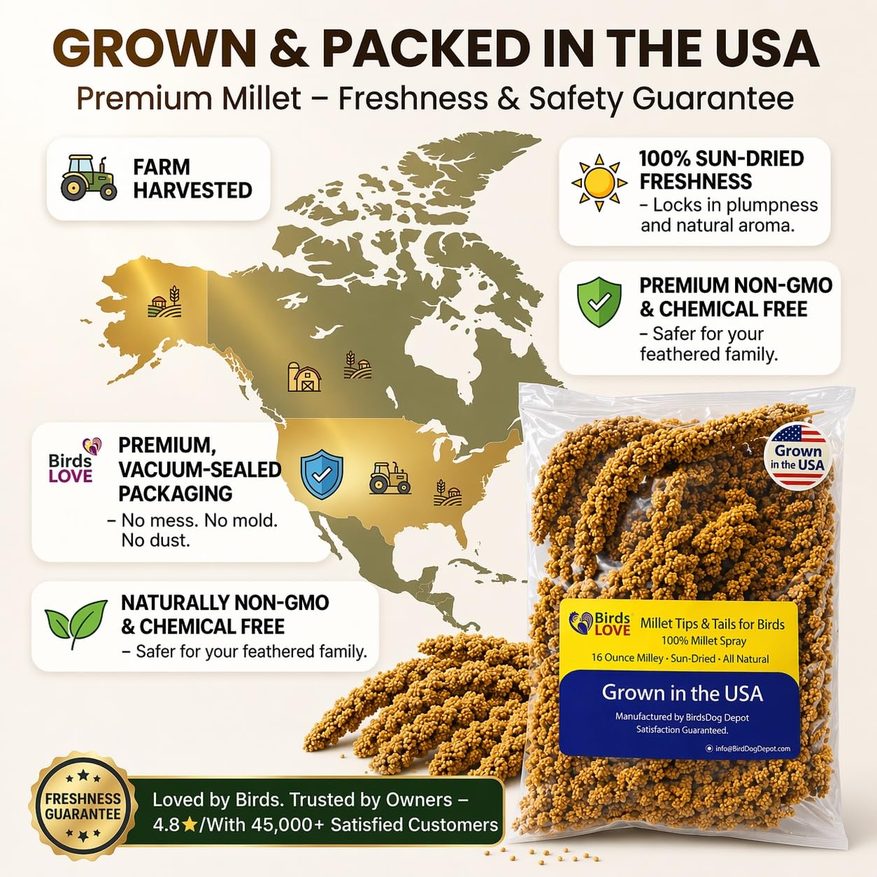Birds LOVE® Millet Tips & Tails for Birds – Premium Spray Millet Treat, Grown in the USA – Natural & Healthy Bird Food for Parakeets, Cockatiels, Budgies, Lovebirds, Finches, Canaries & Parrots – 1 lb