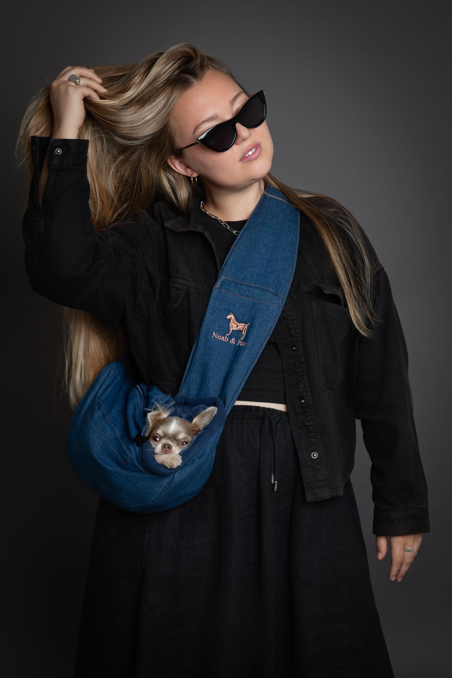Noah & Paw Dog Sling Carrier for Small Dogs 5-18lb, Dog Sling for Small Dogs and Cats, Dog Carrier with Adjustable Padded Strap, Denim Lined with Fur, 3X Safety Features, Machine Washable