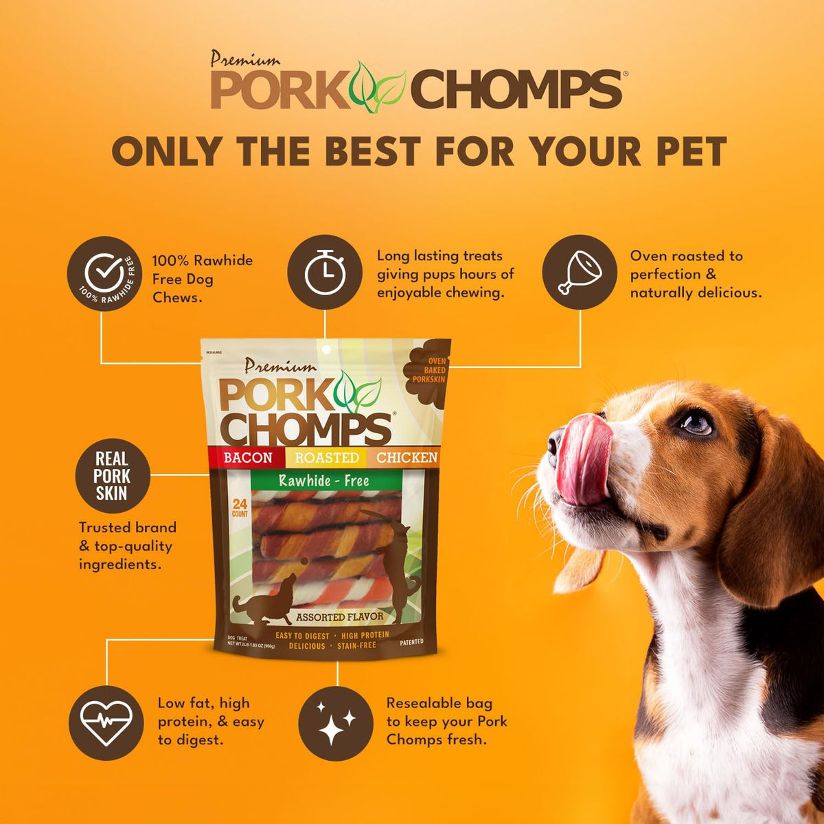 Pork Chomps Roasted Pork Skin Dog Chews, Long Lasting 6in Twists, 4 Count