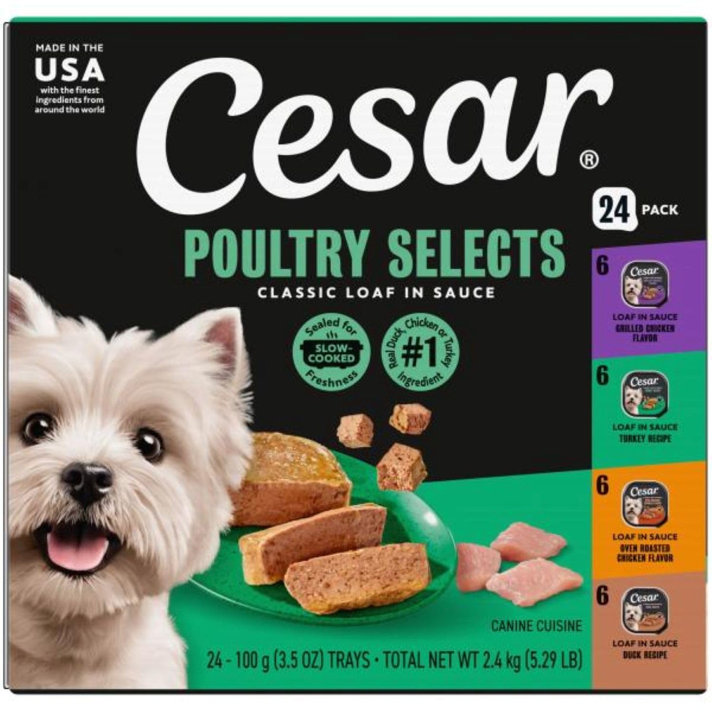 Cesar Classic Loaf in Sauce Wet Dog Food, Beef Recipe, Filet Mignon Flavor, Grilled Chicken Flavor, and Porterhouse Steak Flavor, 3.5 oz. Easy Peel Trays, Variety Pack (24 Count, Pack of 1)