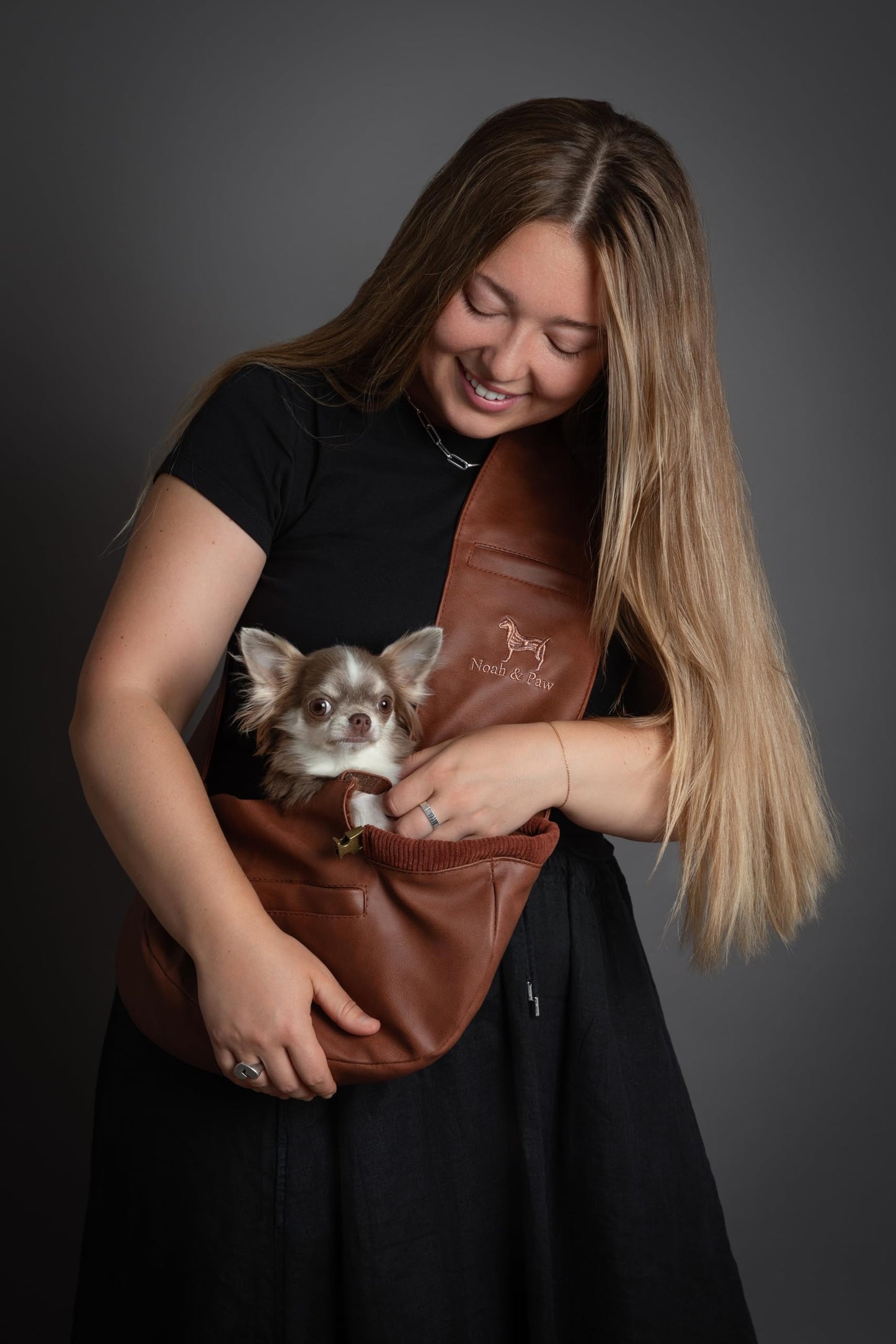 Noah & Paw Dog Sling Carrier for Small Dogs 5-18lb, Dog Sling for Small Dogs and Cats, Dog Carrier with Adjustable Padded Strap, Vegan Leather Lined with Fur, 3X Safety Features, Machine Washable