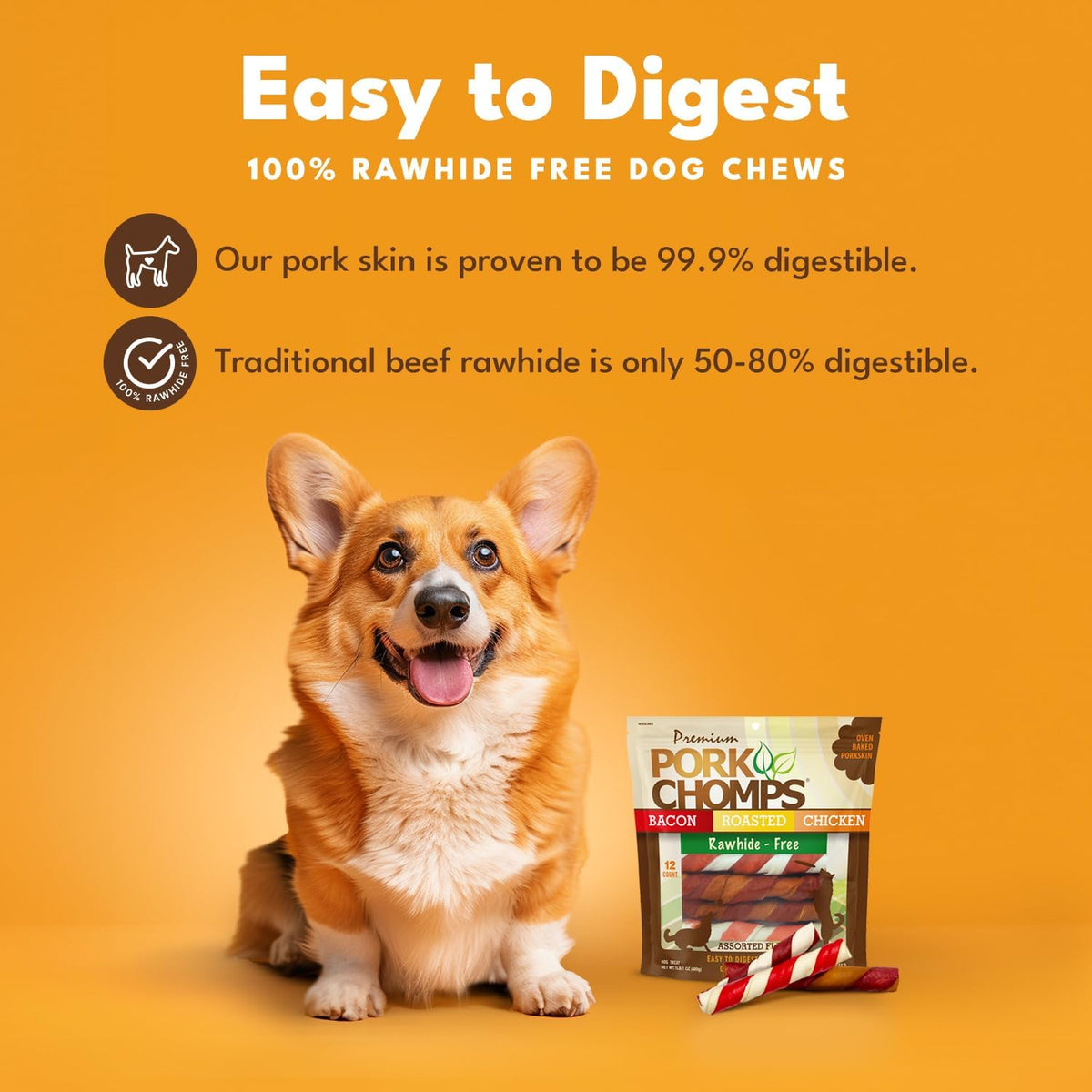 Pork Chomps Roasted Pork Skin Dog Chews, Long Lasting 6in Twists, 4 Count