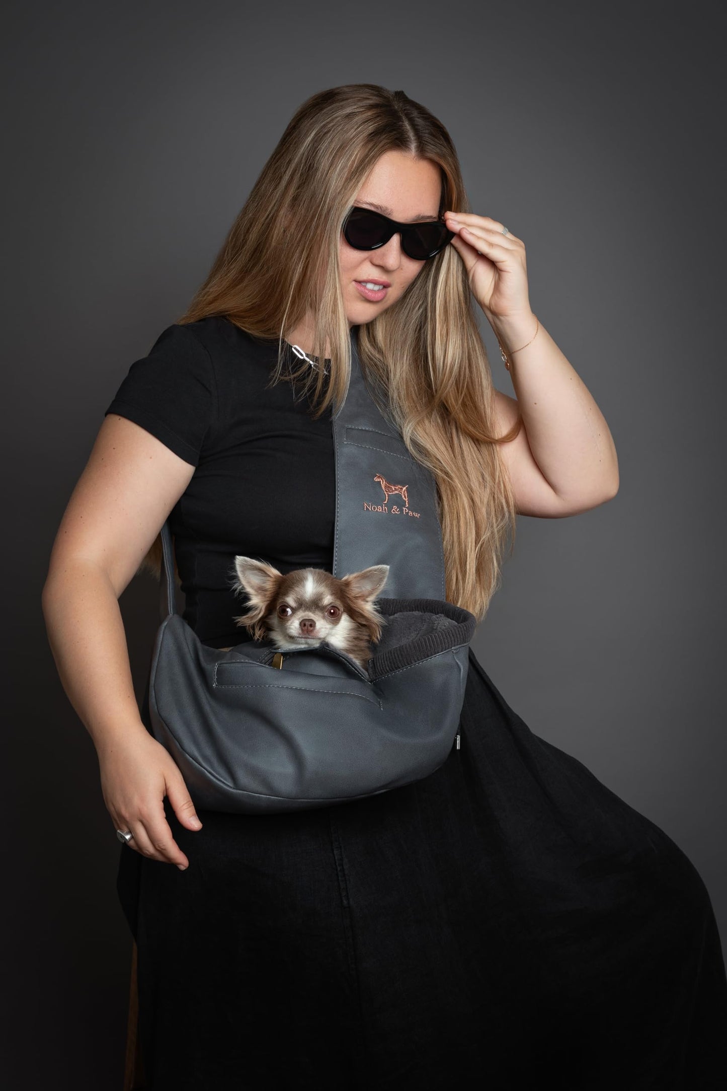 Noah & Paw Dog Sling Carrier for Small Dogs 5-18lb, Dog Sling for Small Dogs and Cats, Dog Carrier with Adjustable Padded Strap, Vegan Leather Lined with Fur, 3X Safety Features, Machine Washable