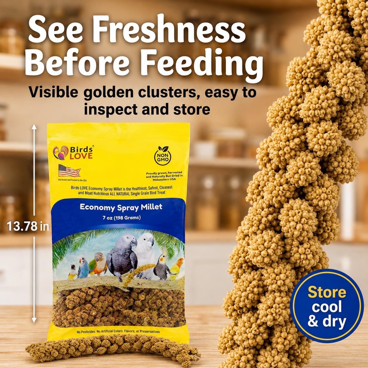 Birds LOVE® Millet Tips & Tails for Birds – Premium Spray Millet Treat, Grown in the USA – Natural & Healthy Bird Food for Parakeets, Cockatiels, Budgies, Lovebirds, Finches, Canaries & Parrots – 1 lb