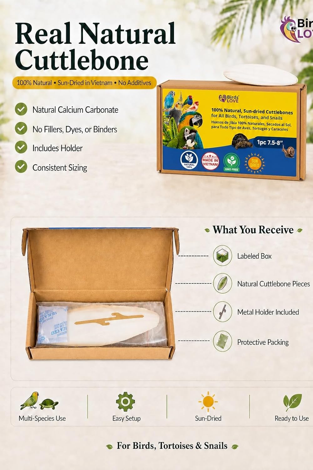 Birds LOVE 3.5-4″ Cuttlebone for Birds – 100% Natural Sun-Dried Calcium & Beak Conditioning Supplement for Parakeets, Budgies, Cockatiels, Finches & Canaries – 4 Pack with Holder – Made in Vietnam