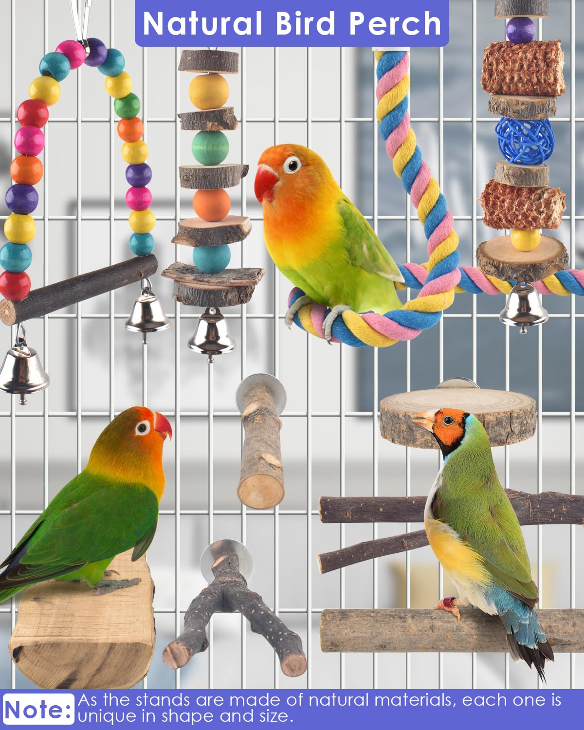 Bissap Bird Chew Toys, 7 Packs Parakeet Natural Wood Toys Parrot Hanging Cage Toy Perch Stand for Small Birds Conure Cockatiel Parrotlet Lovebird Budgie