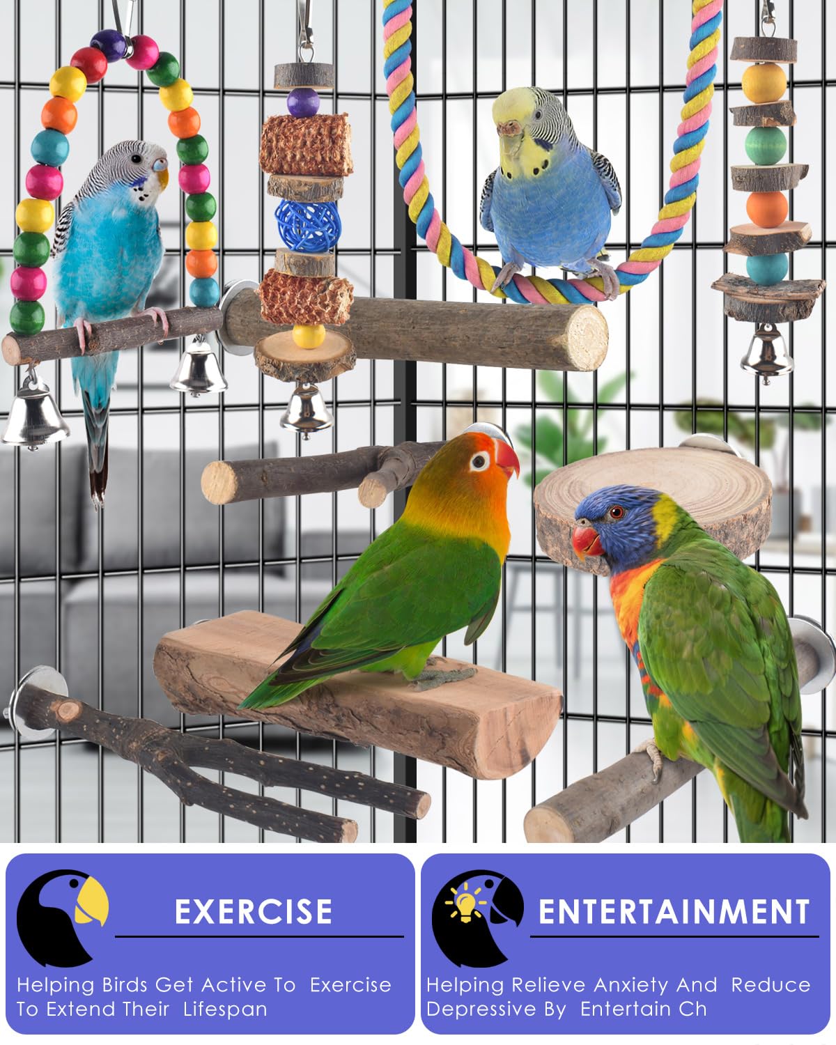 Bissap Bird Chew Toys, 7 Packs Parakeet Natural Wood Toys Parrot Hanging Cage Toy Perch Stand for Small Birds Conure Cockatiel Parrotlet Lovebird Budgie