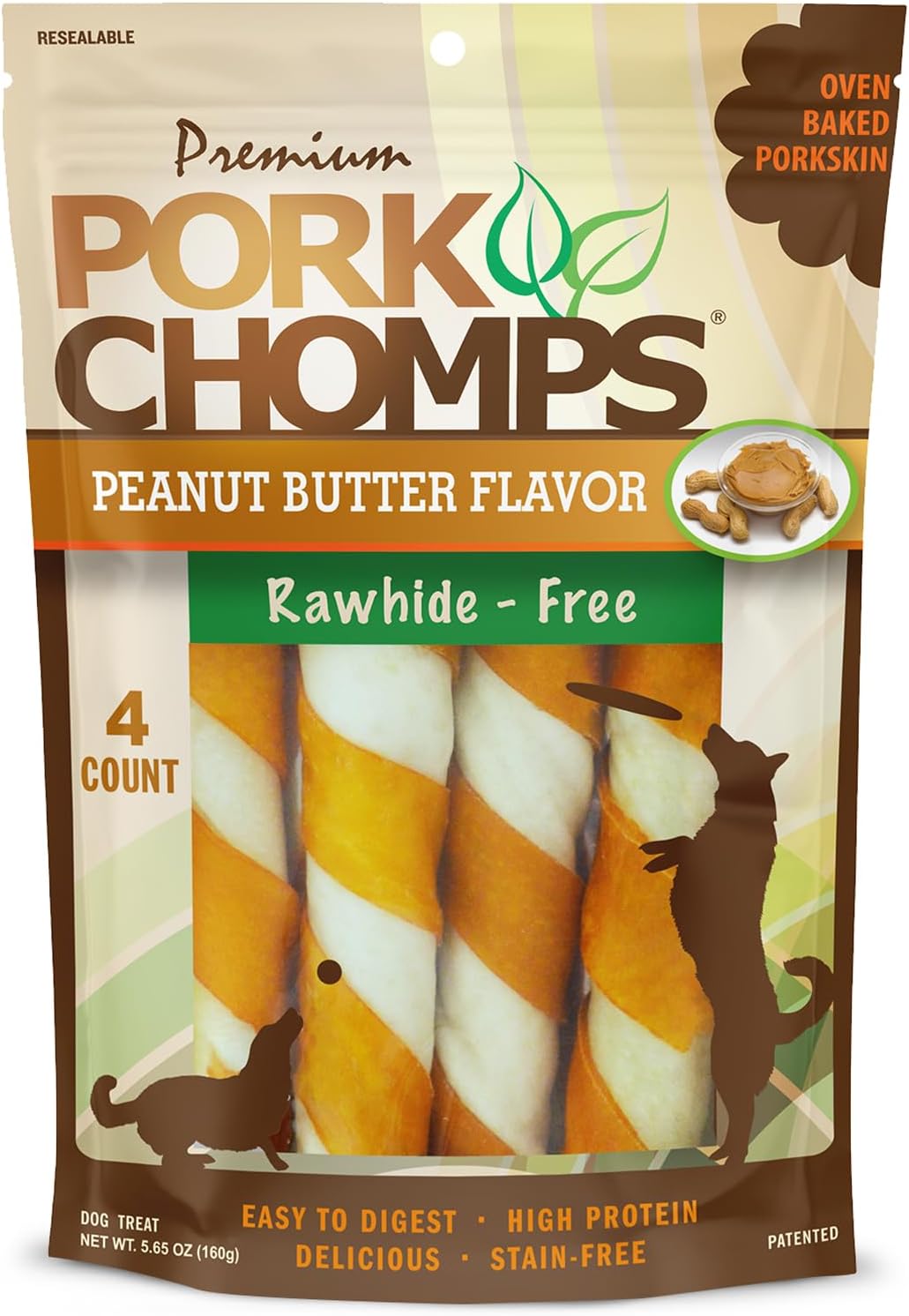 Pork Chomps Roasted Pork Skin Dog Chews, Long Lasting 6in Twists, 4 Count