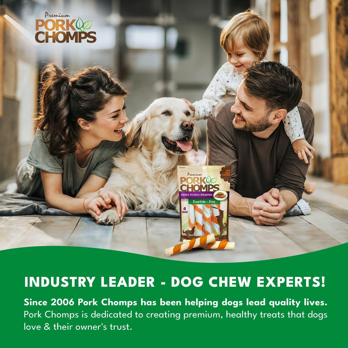 Pork Chomps Roasted Pork Skin Dog Chews, Long Lasting 6in Twists, 4 Count