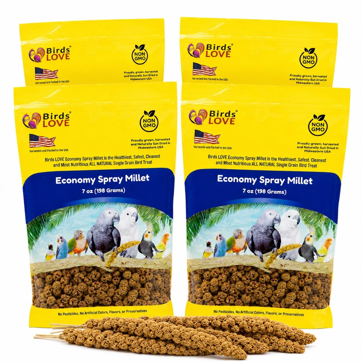Birds LOVE® Millet Tips & Tails for Birds – Premium Spray Millet Treat, Grown in the USA – Natural & Healthy Bird Food for Parakeets, Cockatiels, Budgies, Lovebirds, Finches, Canaries & Parrots – 1 lb