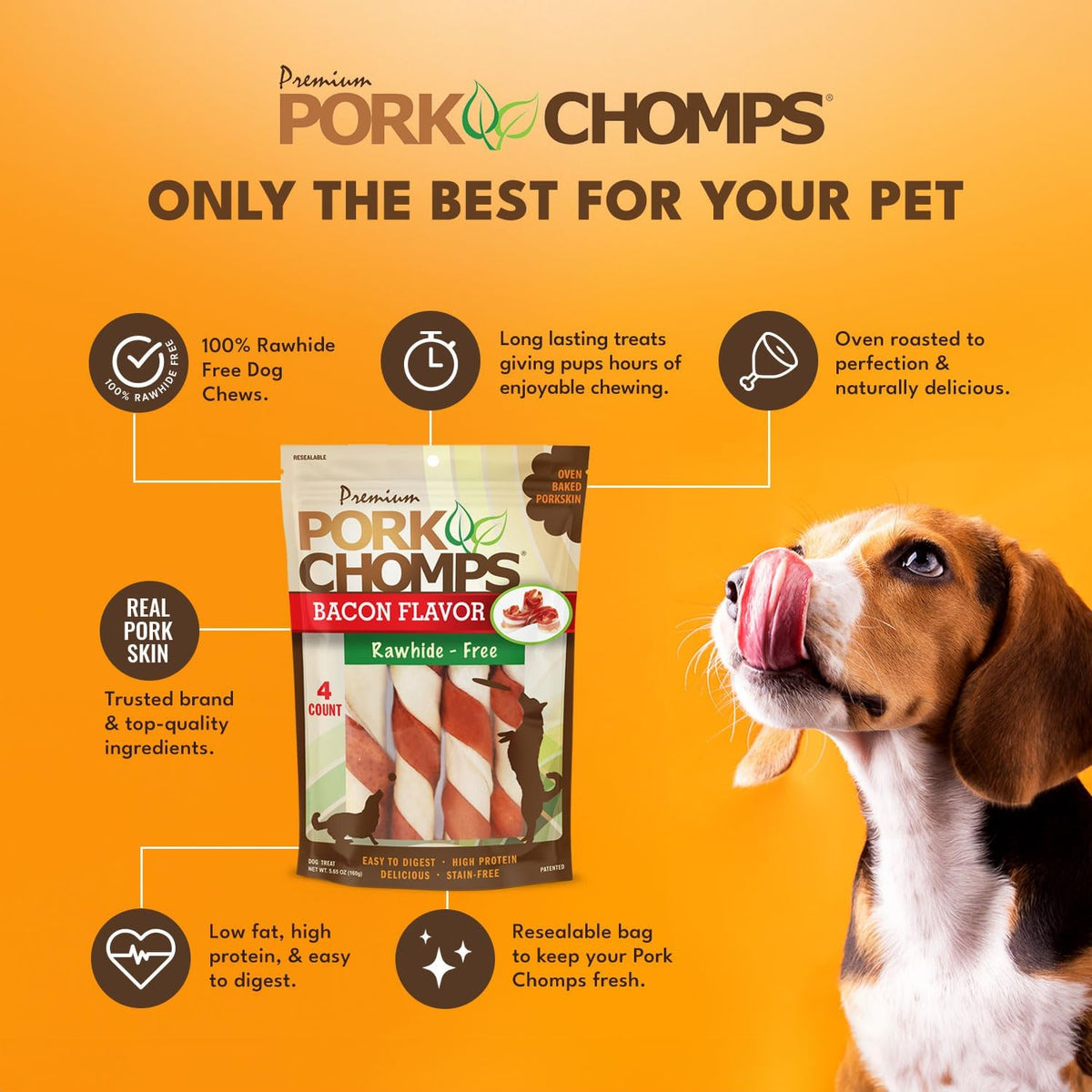 Pork Chomps Roasted Pork Skin Dog Chews, Long Lasting 6in Twists, 4 Count