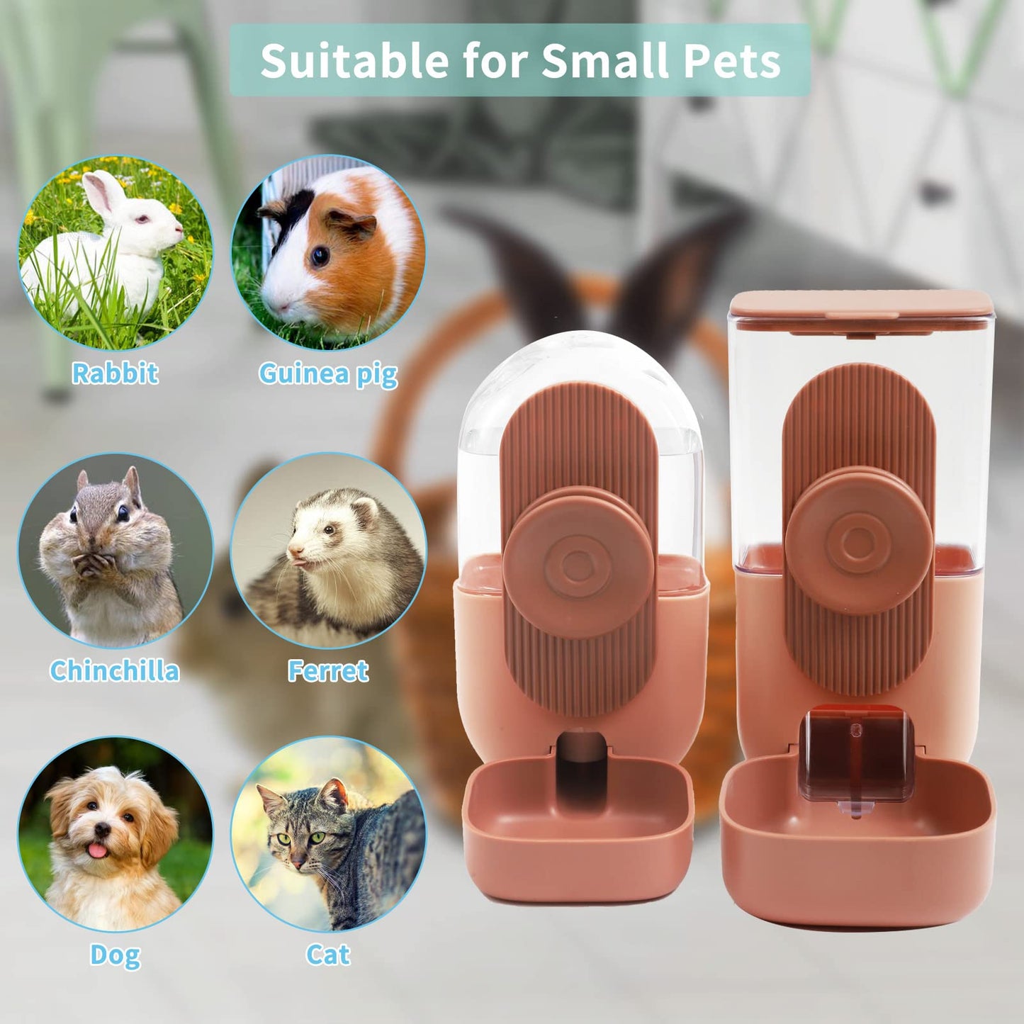 Lemtrflo Hanging Automatic Food and Water Dispenser, Gravity Rabbit Feeder Set, Cage Cat and Bunny Food Bowl (Cage Grid Spacing Over 1.2'')
