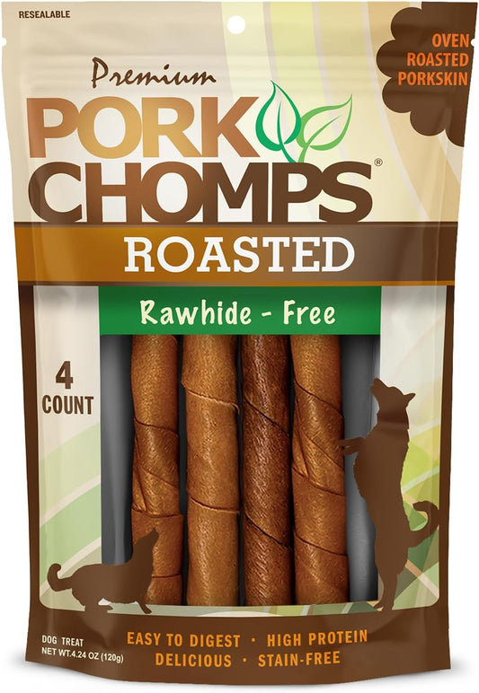 Pork Chomps Roasted Pork Skin Dog Chews, Long Lasting 6in Twists, 4 Count