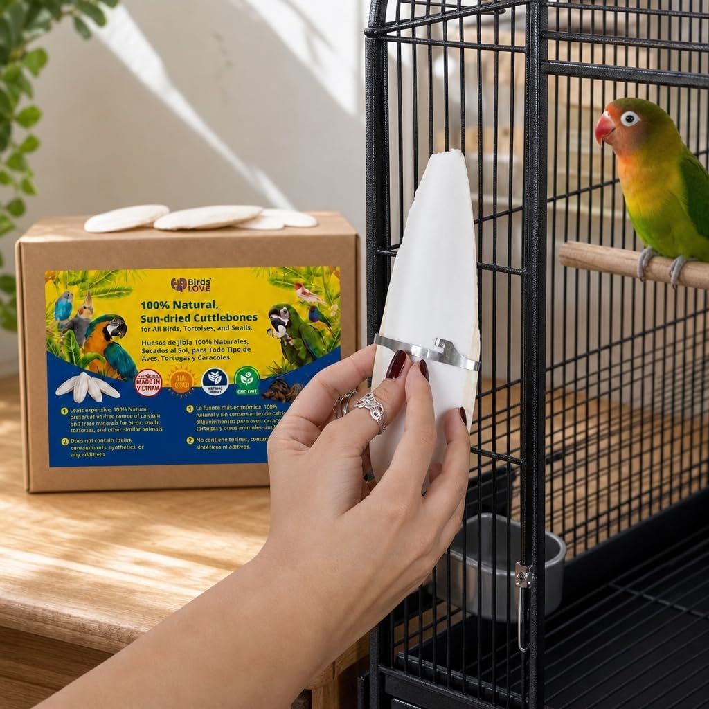 Birds LOVE 3.5-4″ Cuttlebone for Birds – 100% Natural Sun-Dried Calcium & Beak Conditioning Supplement for Parakeets, Budgies, Cockatiels, Finches & Canaries – 4 Pack with Holder – Made in Vietnam