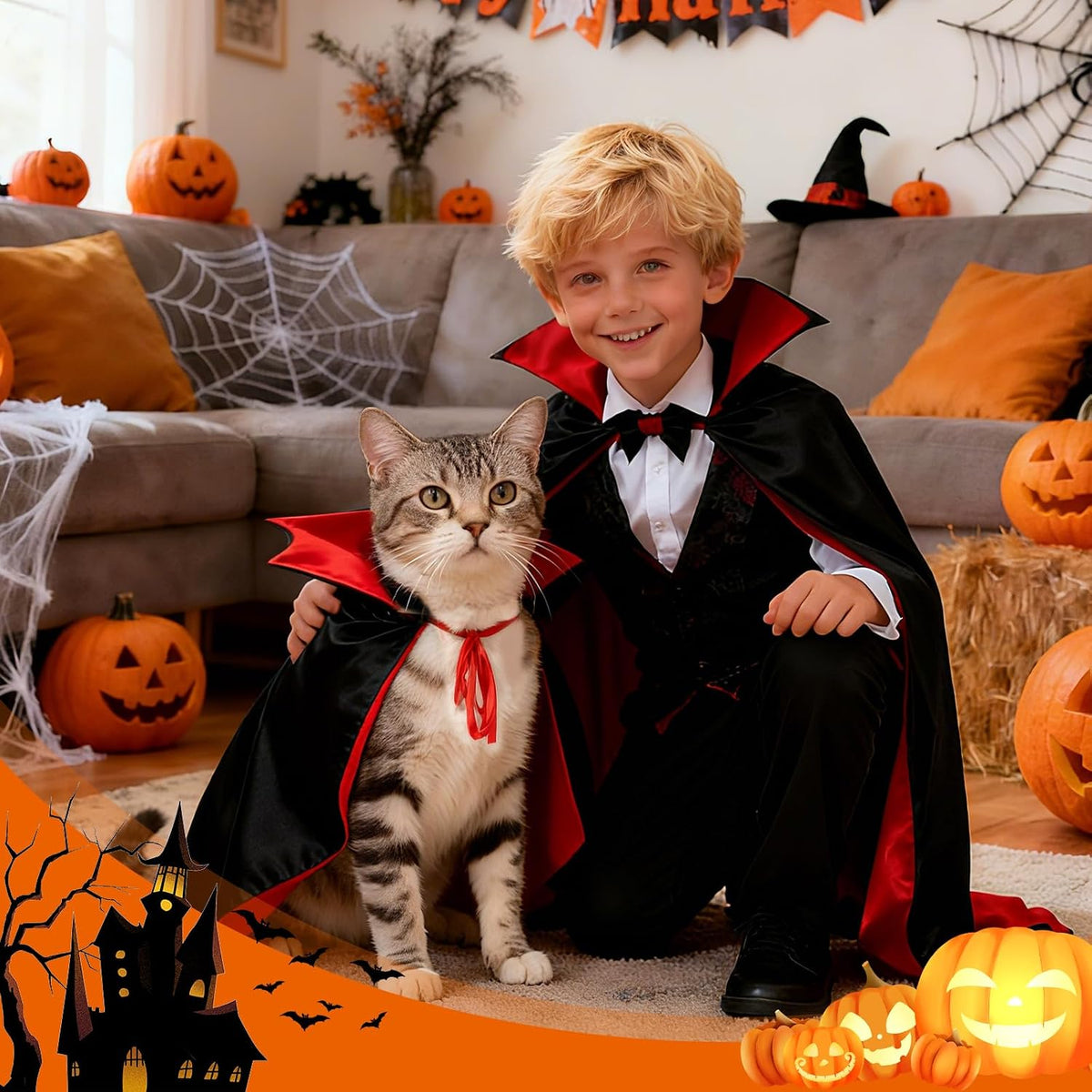 Olanrun Dog Costume - Dog Halloween Costumes Vampire Cloak, Wizard Outfit, Witch Cosplay Apparel Cape - Funny Party Dress Up Halloween Pet Costumes for Small Dogs, Cats (Black Red)