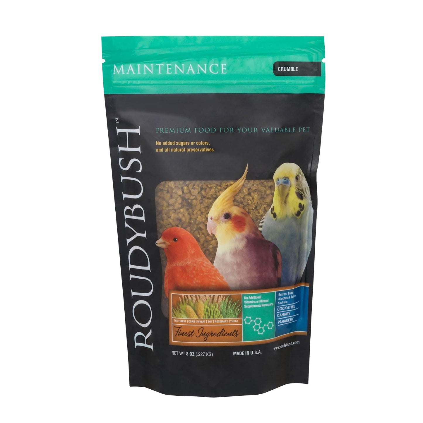 RoudyBush Daily Maintenance Food for Birds, Bird Food with Corn, Wheat & Soy, Complete Daily Feed for Parakeets, Cockatiels, Conures, Lovebirds & Other Small Medium Species, Crumble Pellets, 8 OZ