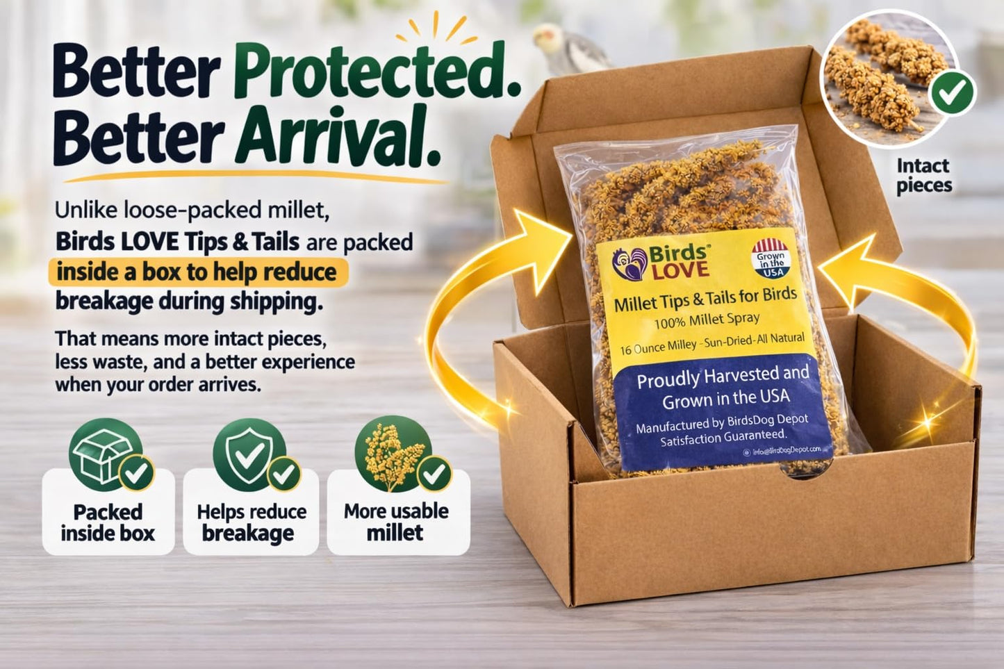 Birds LOVE® Millet Tips & Tails for Birds – Premium Spray Millet Treat, Grown in the USA – Natural & Healthy Bird Food for Parakeets, Cockatiels, Budgies, Lovebirds, Finches, Canaries & Parrots – 1 lb
