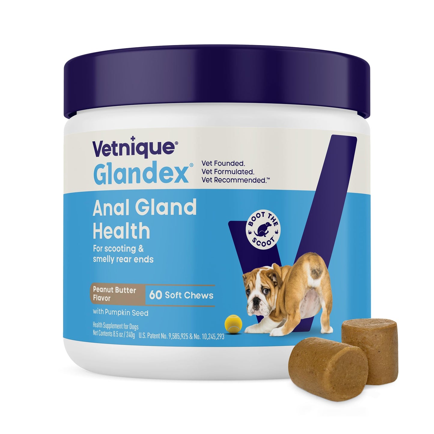 Vetnique Glandex Anal Gland Soft Chew Treats with Pumpkin for Dogs Digestive Enzymes, Probiotics Fiber Supplement for Dogs Boot the Scoot (30ct, Peanut Butter Chews)