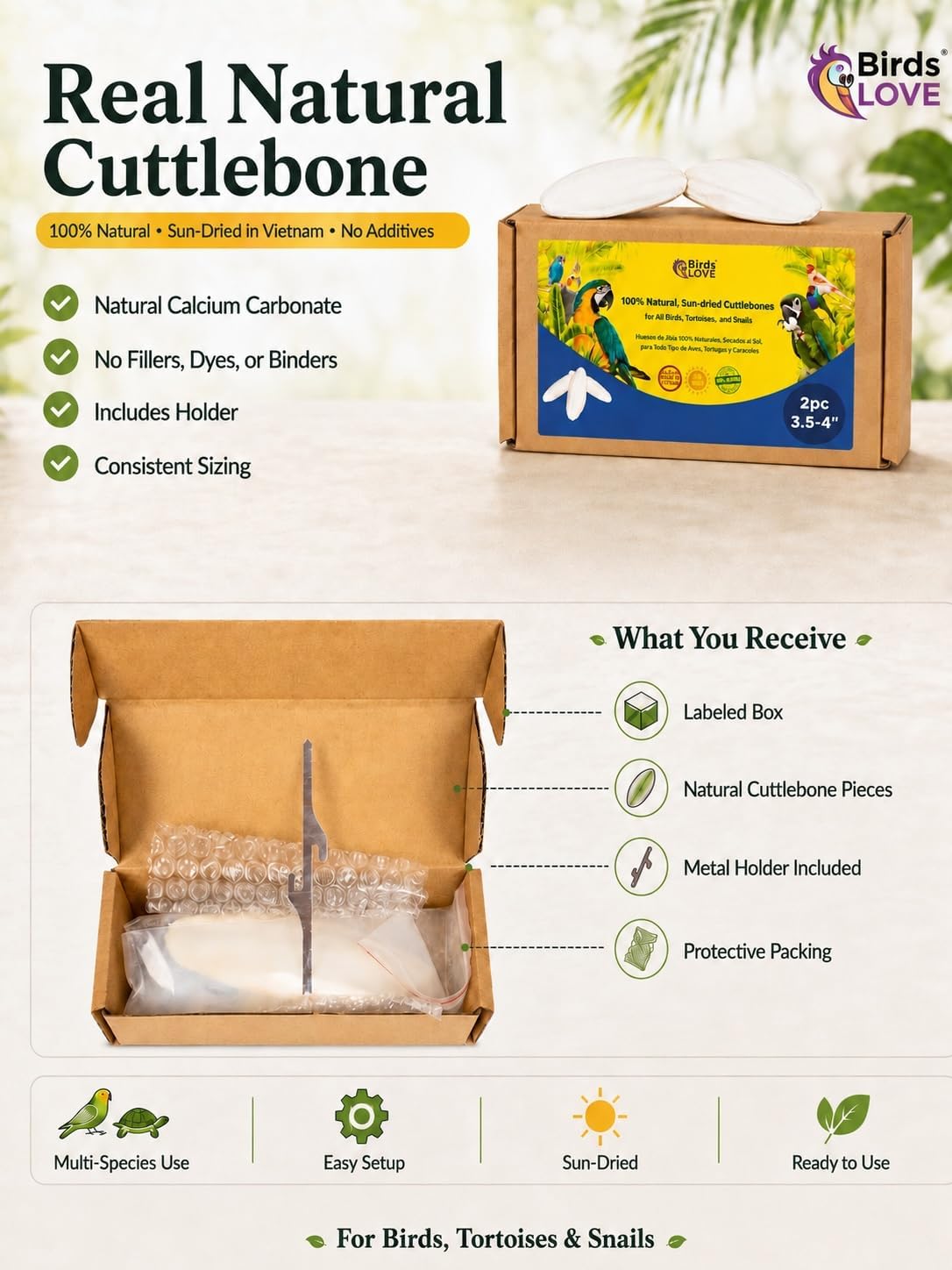 Birds LOVE 3.5-4″ Cuttlebone for Birds – 100% Natural Sun-Dried Calcium & Beak Conditioning Supplement for Parakeets, Budgies, Cockatiels, Finches & Canaries – 4 Pack with Holder – Made in Vietnam