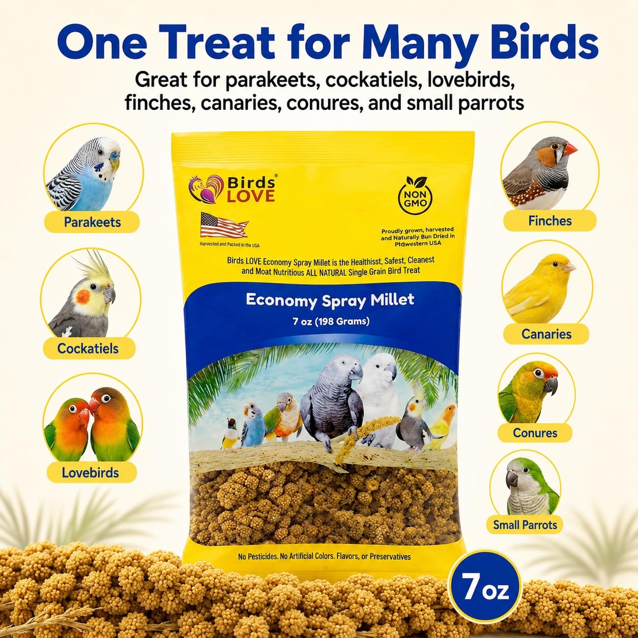 Birds LOVE® Millet Tips & Tails for Birds – Premium Spray Millet Treat, Grown in the USA – Natural & Healthy Bird Food for Parakeets, Cockatiels, Budgies, Lovebirds, Finches, Canaries & Parrots – 1 lb