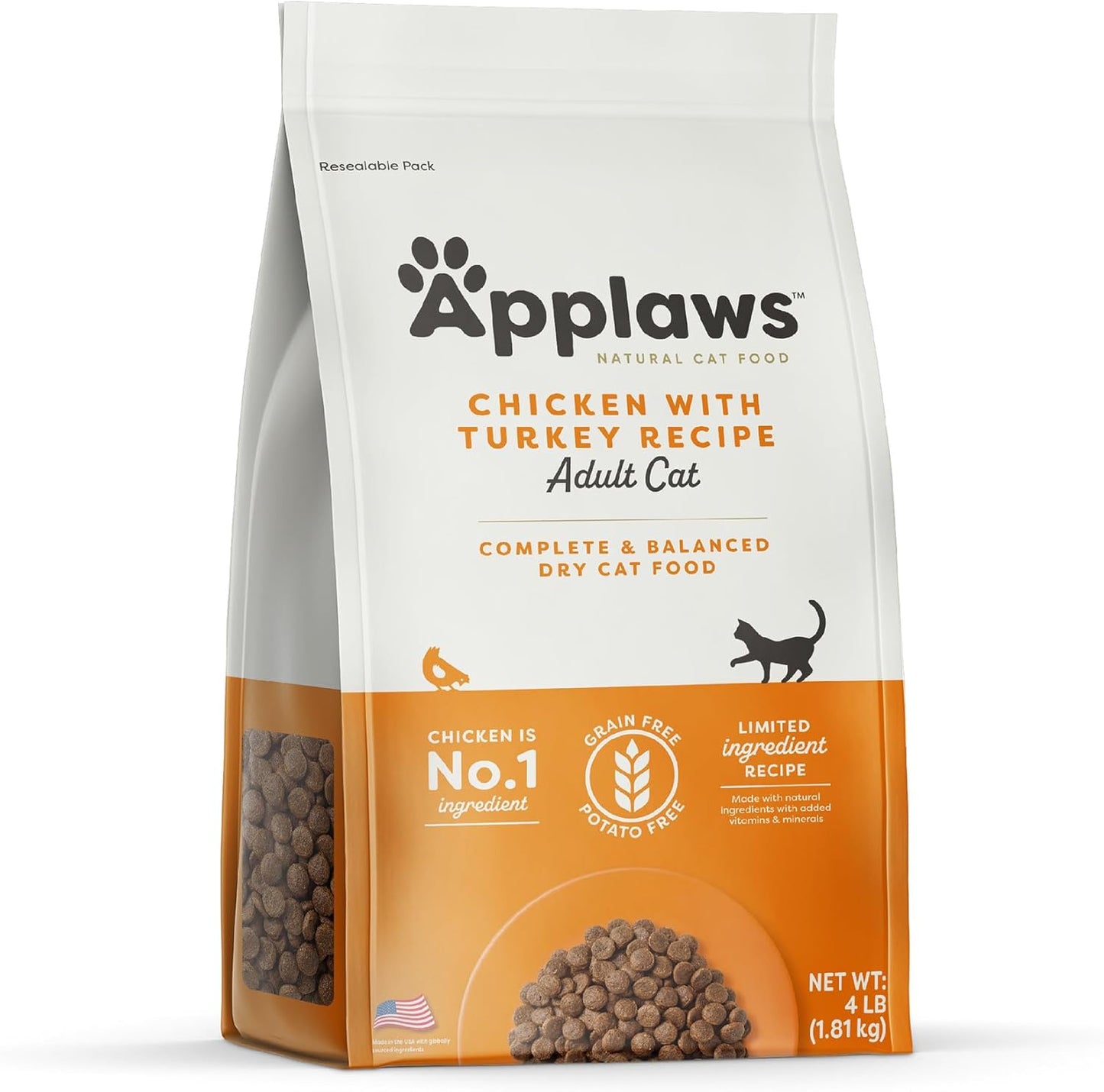 Applaws Complete Dry Cat Food, Grain-Free, Limited and Natural Ingredients, Added Vitamins & Minerals, High Protein, Supports Digestion, Chicken Recipe (4 Pound Bag)