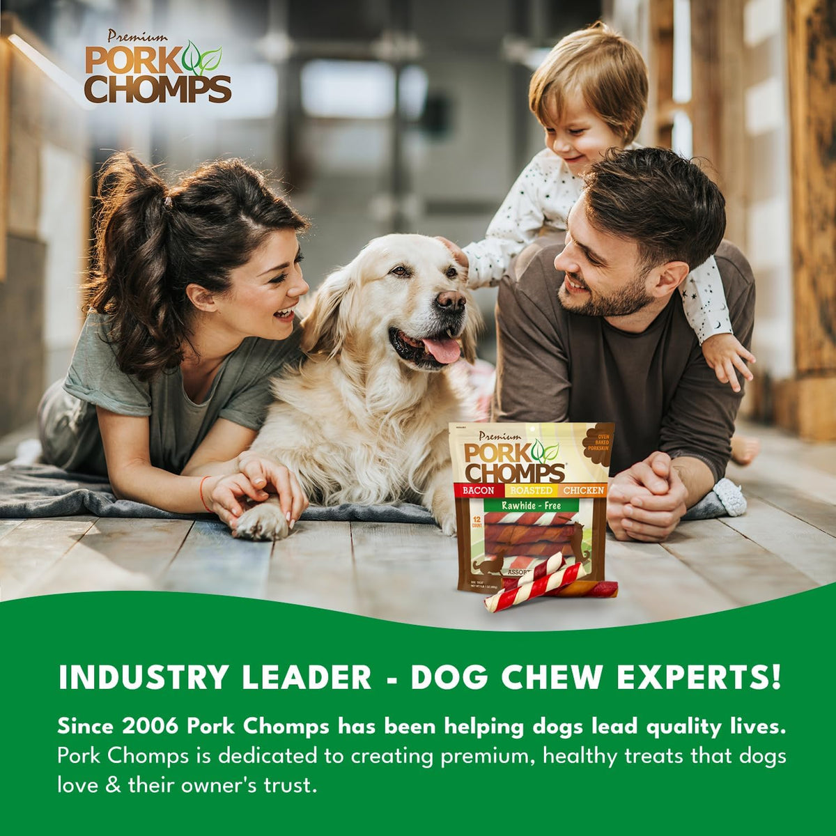 Pork Chomps Roasted Pork Skin Dog Chews, Long Lasting 6in Twists, 4 Count