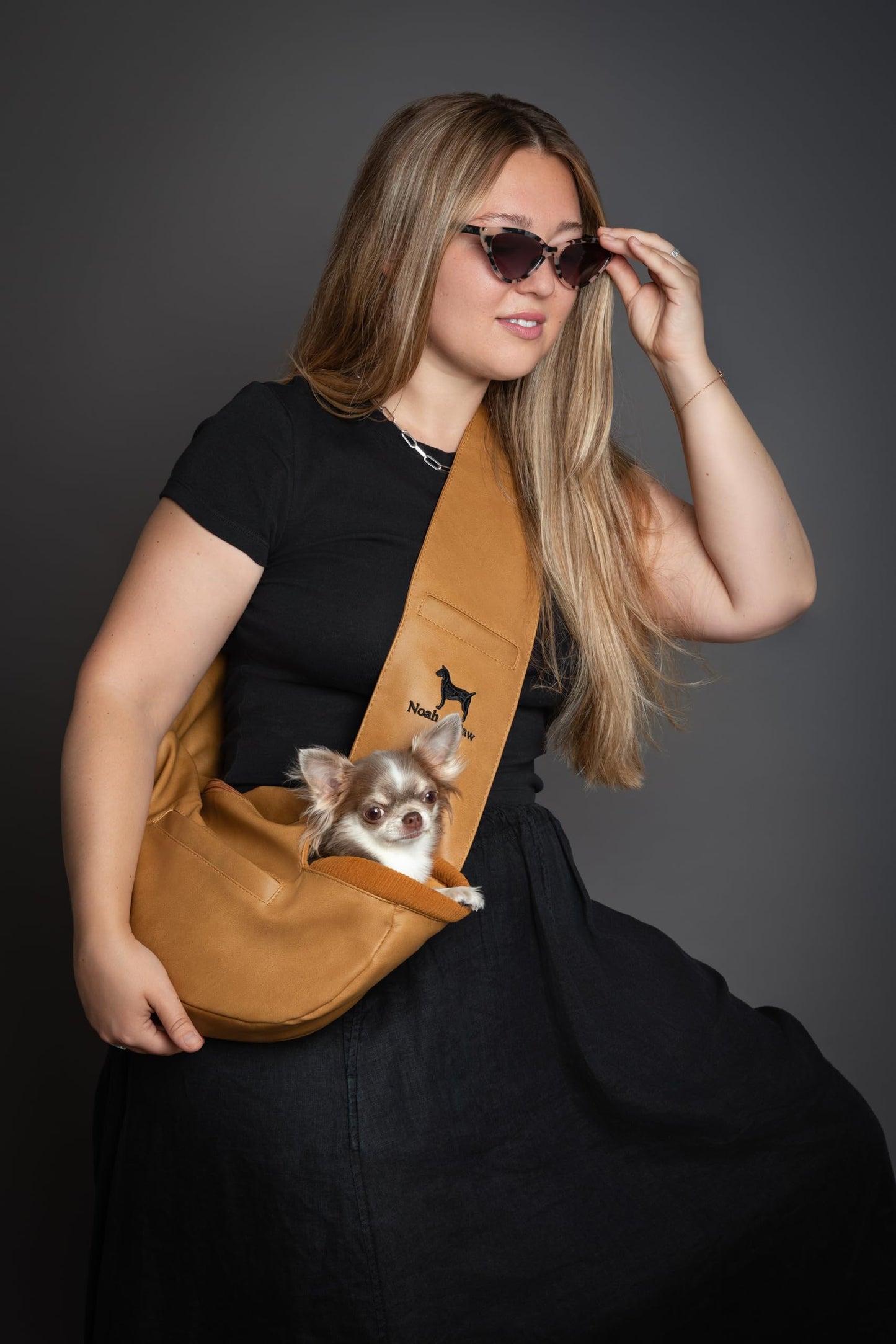 Noah & Paw Dog Sling Carrier for Small Dogs 5-18lb, Dog Sling for Small Dogs and Cats, Dog Carrier with Adjustable Padded Strap, Vegan Leather Lined with Fur, 3X Safety Features, Machine Washable