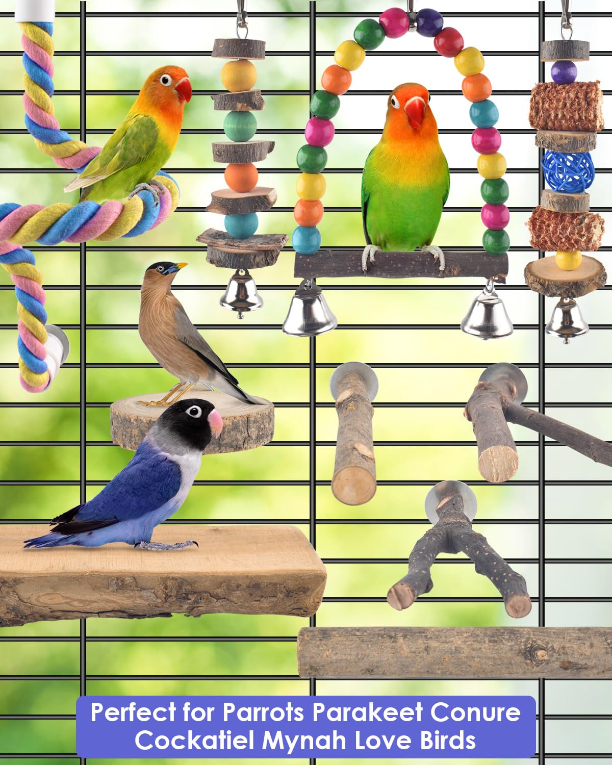 Bissap Bird Chew Toys, 7 Packs Parakeet Natural Wood Toys Parrot Hanging Cage Toy Perch Stand for Small Birds Conure Cockatiel Parrotlet Lovebird Budgie