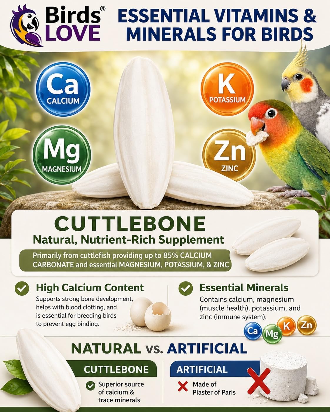 Birds LOVE 3.5-4″ Cuttlebone for Birds – 100% Natural Sun-Dried Calcium & Beak Conditioning Supplement for Parakeets, Budgies, Cockatiels, Finches & Canaries – 4 Pack with Holder – Made in Vietnam