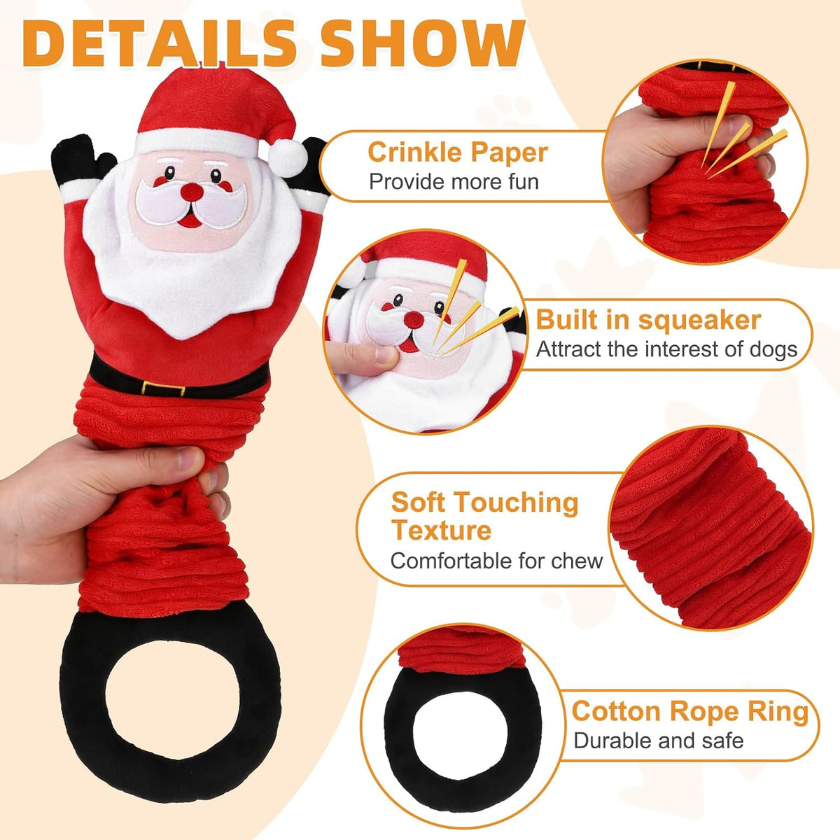 KOOLTAIL Christmas Santa Dog Toys, Tough Plush Dog Chew & Squeaky Toys with Crinkle Paper, Interactive Training & Tug of War Puppy Teething Toy for Indoor Outdoor Play for Small Medium Large Dogs